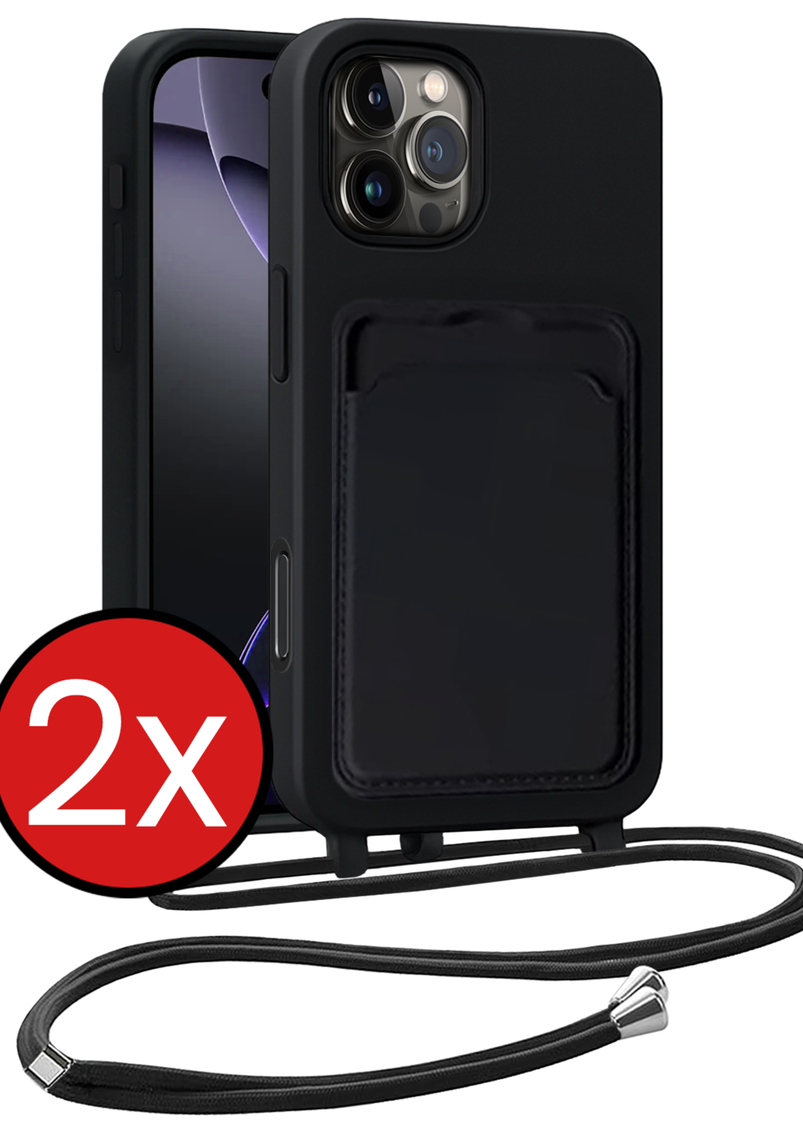 BTH BTH iPhone 16 Pro Max Hoesje Pashouder met Koord - Zwart - 2 PACK