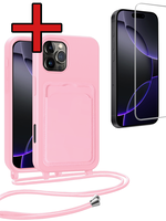BTH BTH iPhone 16 Pro Max Hoesje Pashouder met Koord Met Screenprotector - Lichtroze
