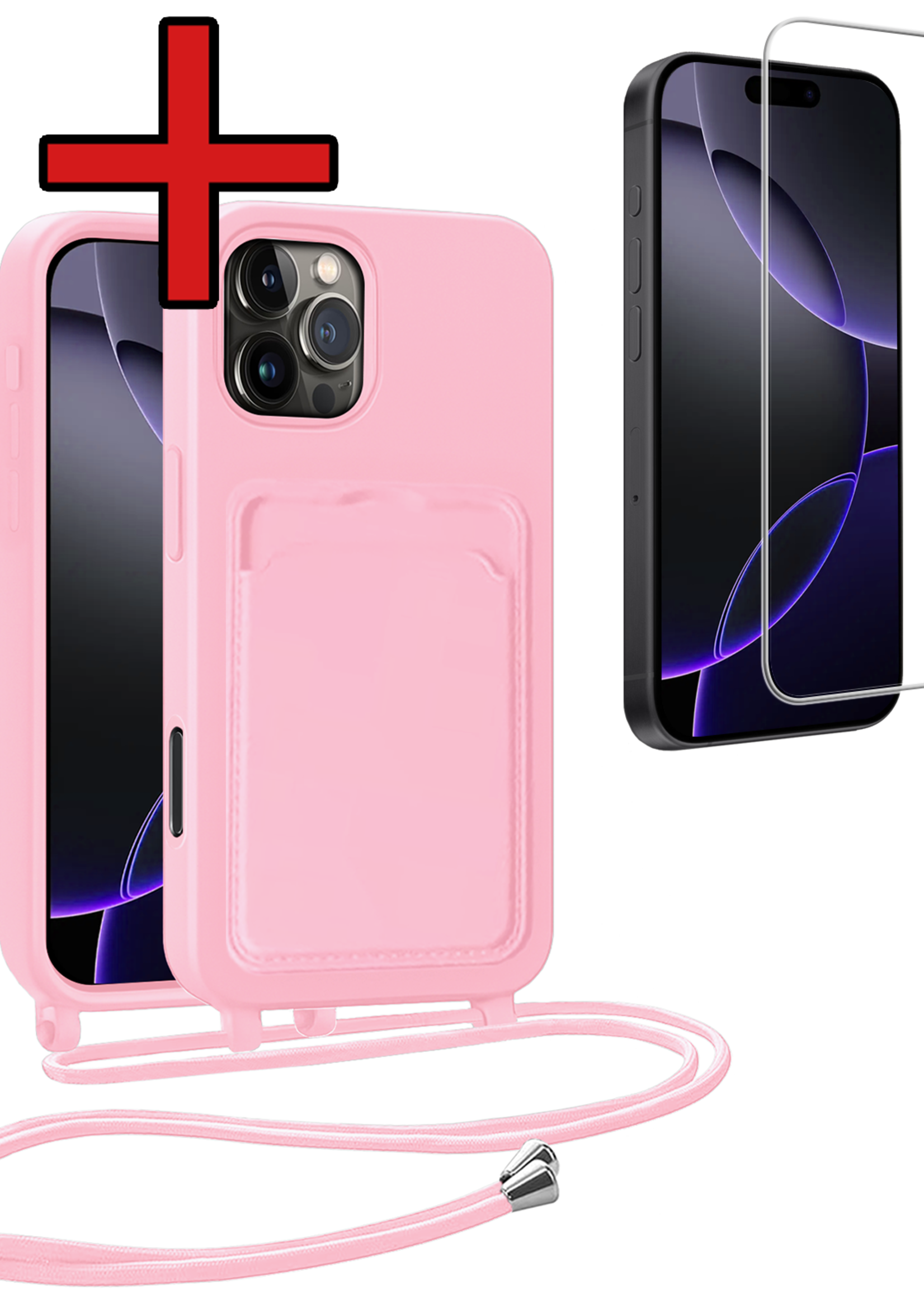 BTH BTH iPhone 16 Pro Max Hoesje Pashouder met Koord Met Screenprotector - Lichtroze