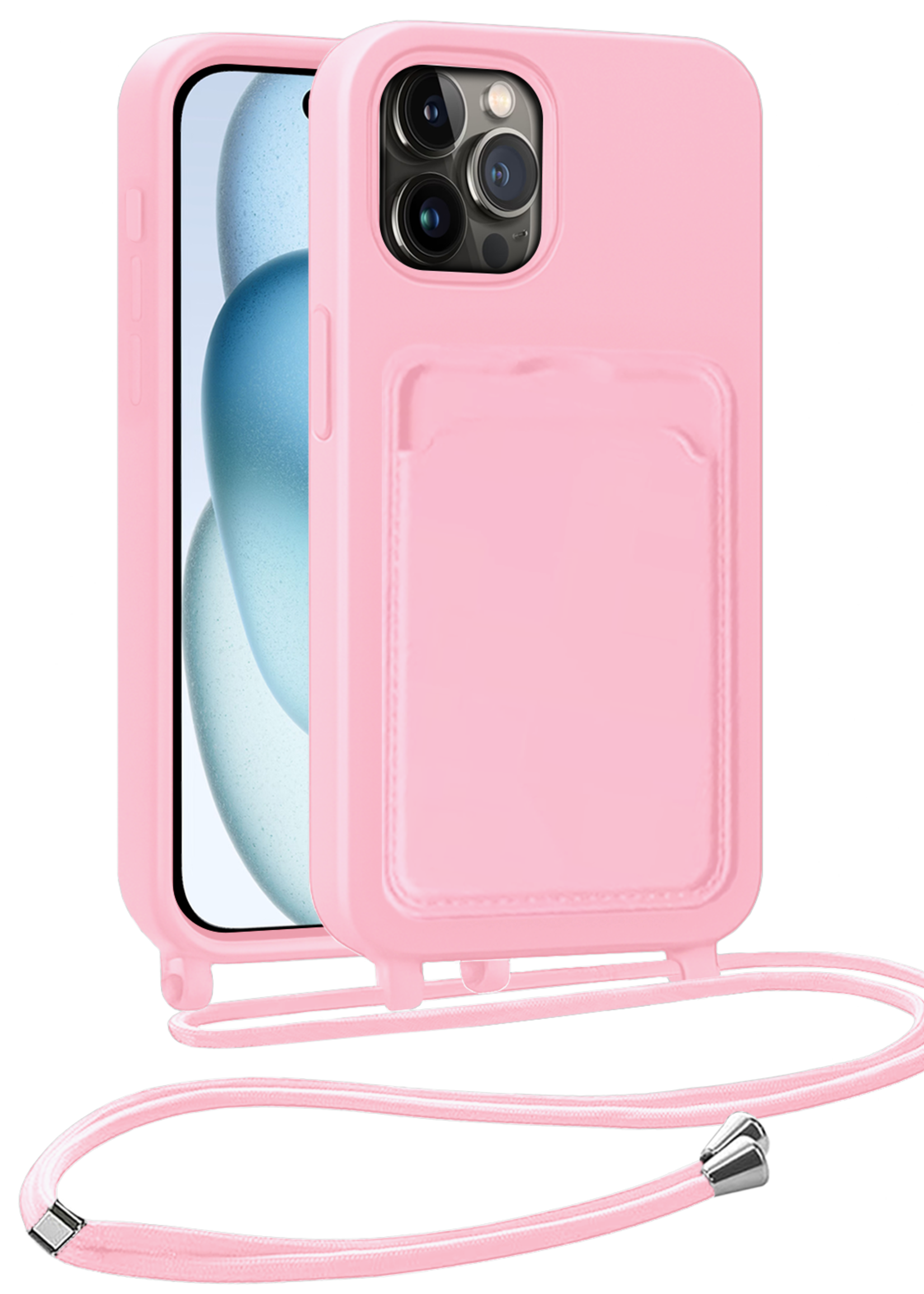 BTH BTH iPhone 14 Pro Hoesje Pashouder met Koord - Lichtroze