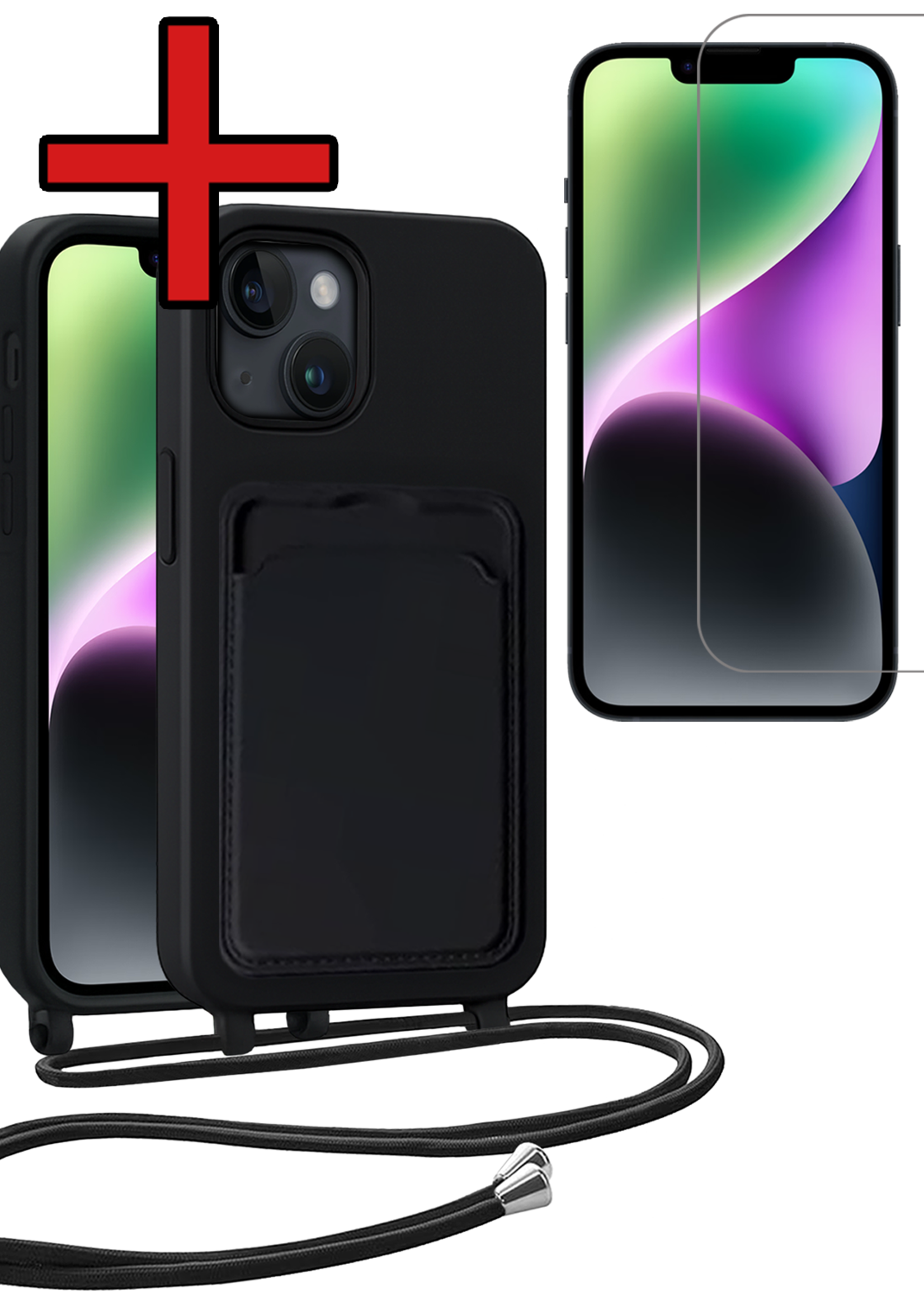 BTH BTH iPhone 13 Hoesje Pashouder met Koord Met Screenprotector - Zwart