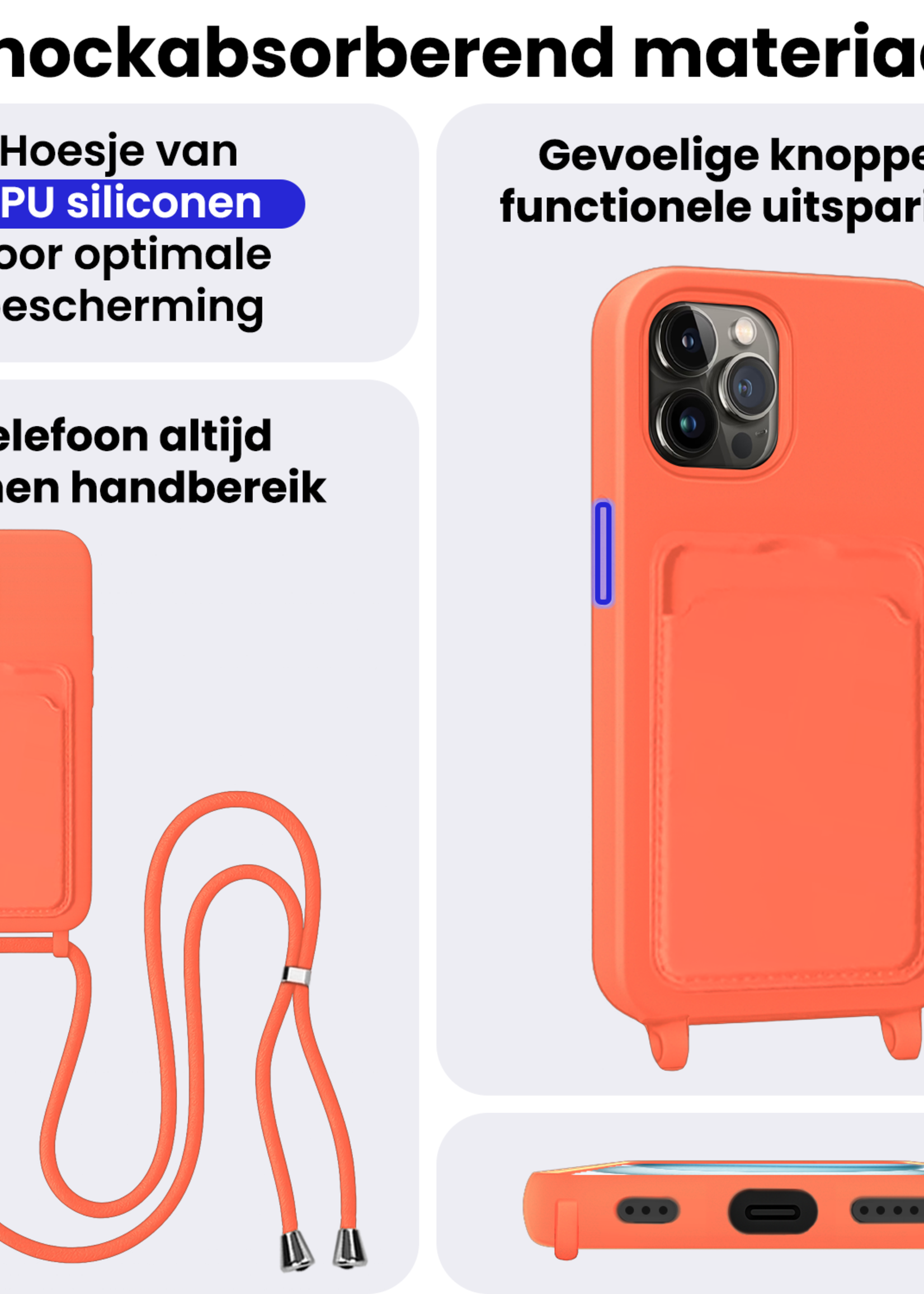 BTH BTH iPhone 14 Pro Max Hoesje Pashouder met Koord - Papaya