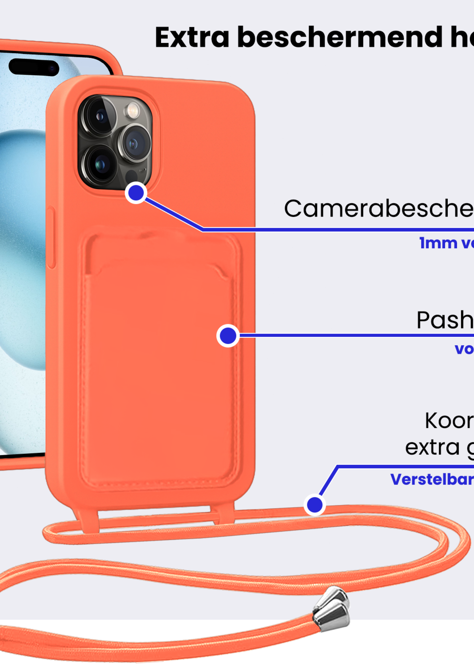 BTH BTH iPhone 14 Pro Max Hoesje Pashouder met Koord - Papaya - 2 PACK