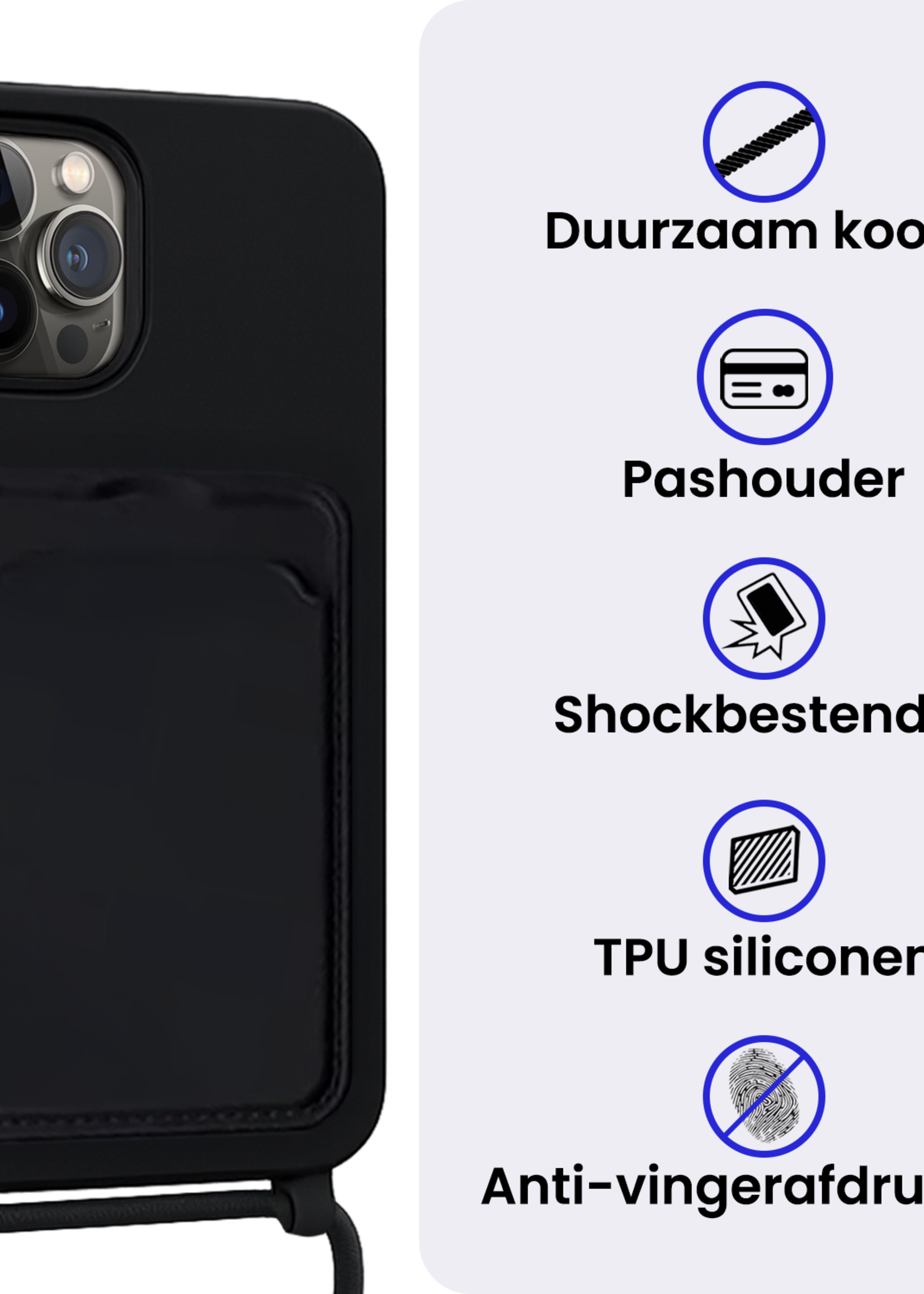 BTH BTH iPhone 14 Pro Max Hoesje Pashouder met Koord - Zwart - 2 PACK