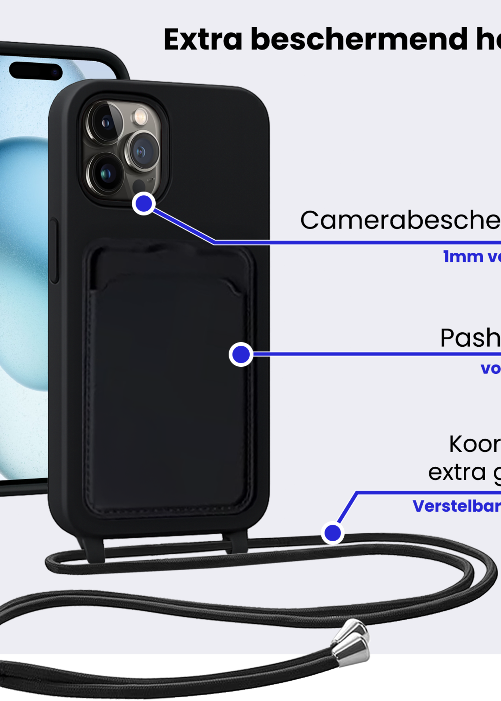 BTH BTH iPhone 14 Pro Max Hoesje Pashouder met Koord - Zwart - 2 PACK