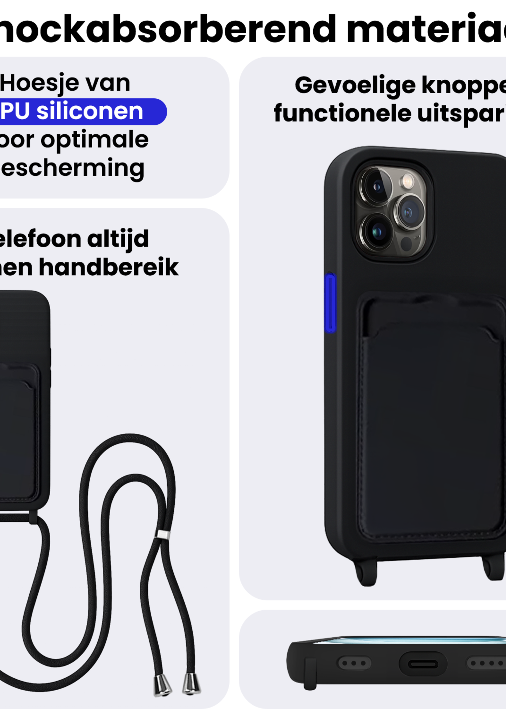 BTH BTH iPhone 14 Pro Max Hoesje Pashouder met Koord - Zwart - 2 PACK