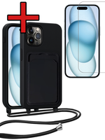 BTH BTH iPhone 14 Pro Max Hoesje Pashouder met Koord Met Screenprotector - Zwart