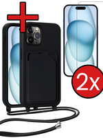 BTH BTH iPhone 14 Pro Max Hoesje Pashouder met Koord Met 2x Screenprotector - Zwart