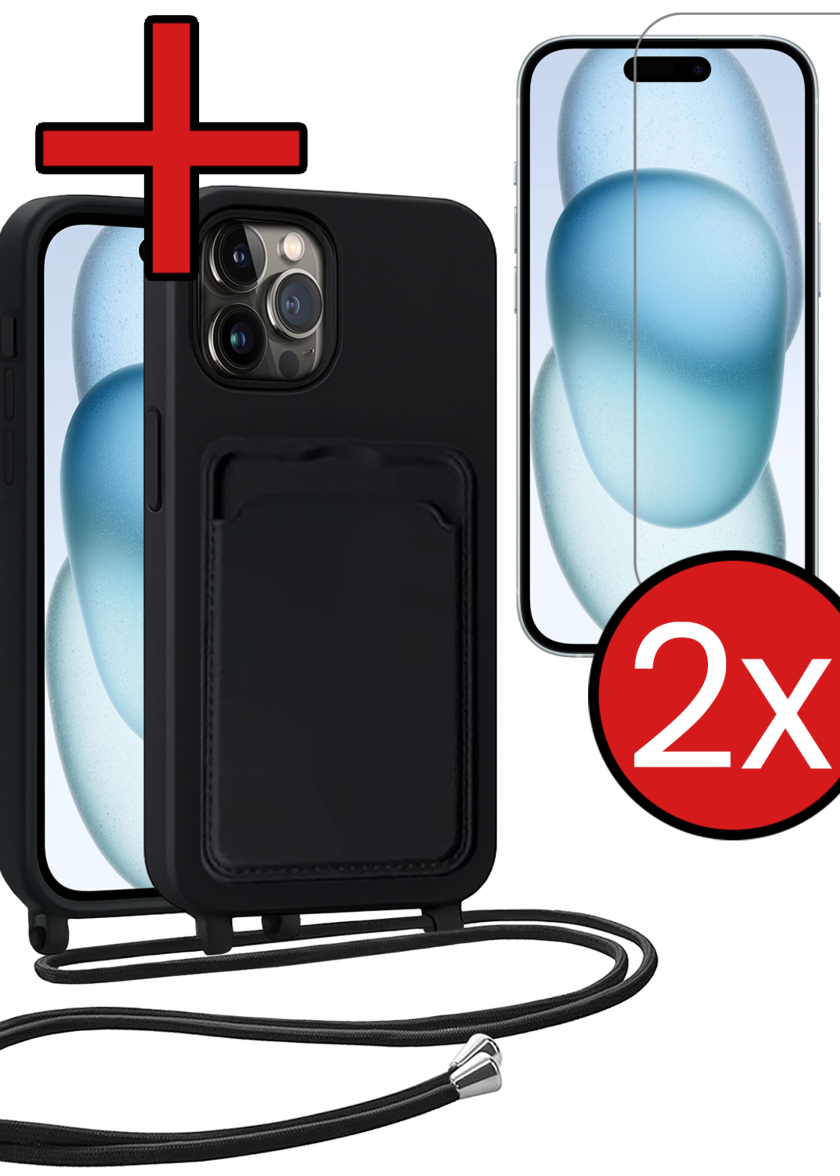 BTH BTH iPhone 14 Pro Max Hoesje Pashouder met Koord Met 2x Screenprotector - Zwart