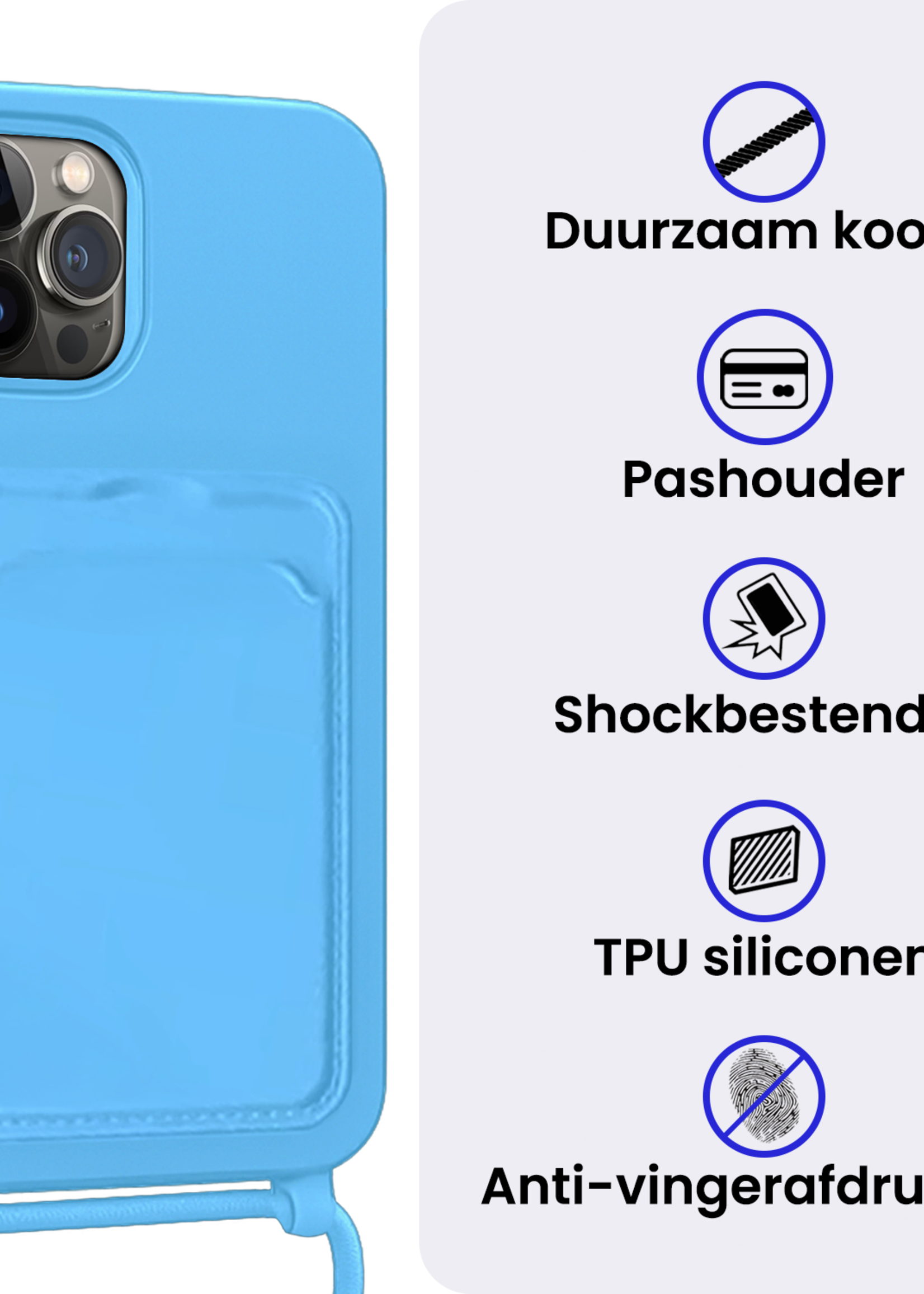 BTH BTH iPhone 14 Pro Max Hoesje Pashouder met Koord - Lichtblauw - 2 PACK
