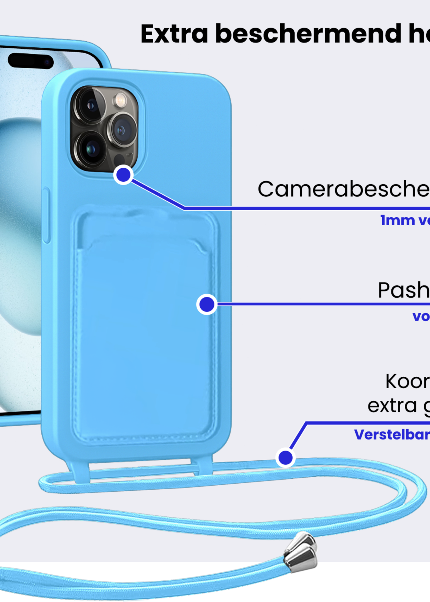 BTH BTH iPhone 14 Pro Max Hoesje Pashouder met Koord - Lichtblauw - 2 PACK