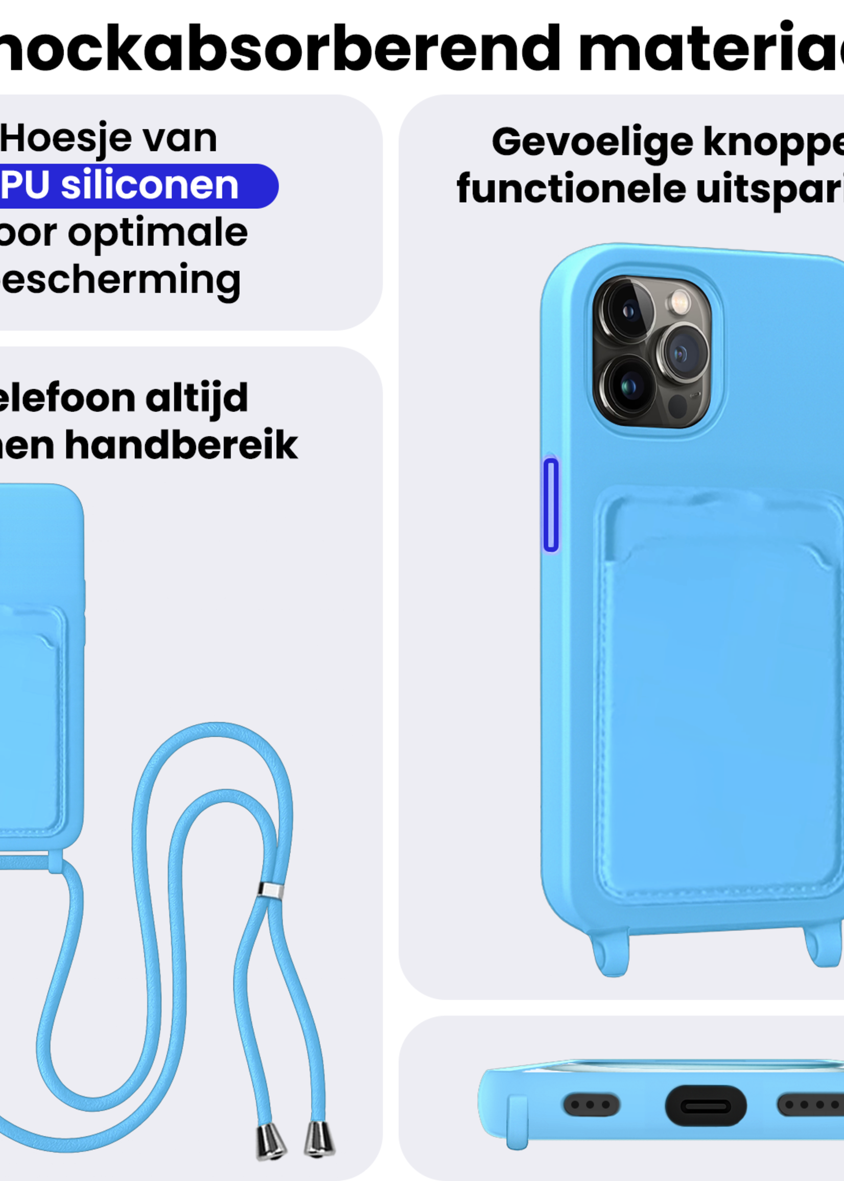 BTH BTH iPhone 14 Pro Max Hoesje Pashouder met Koord Met Screenprotector - Lichtblauw