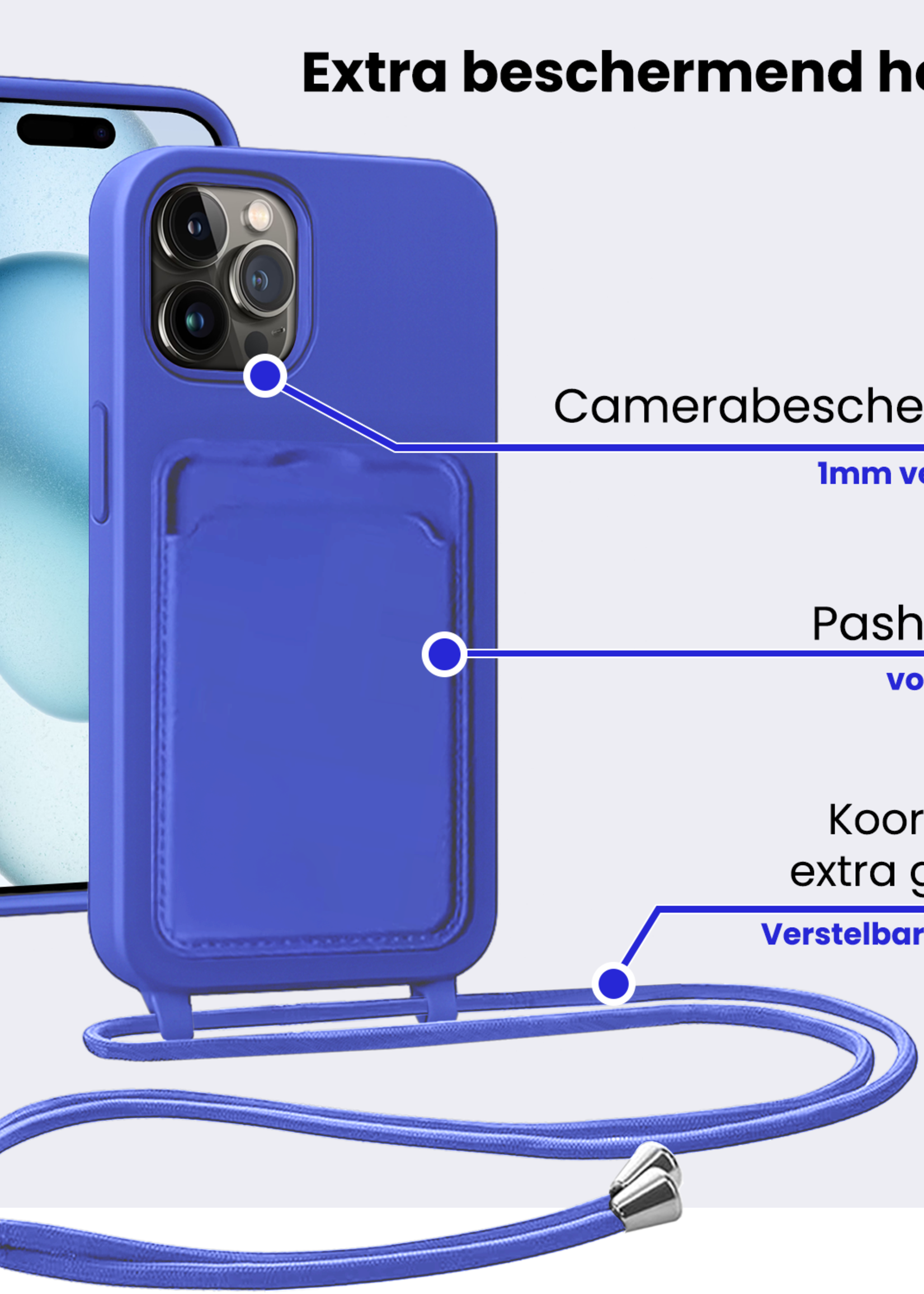BTH BTH iPhone 14 Pro Max Hoesje Pashouder met Koord Met 2x Screenprotector - Fel Blauw