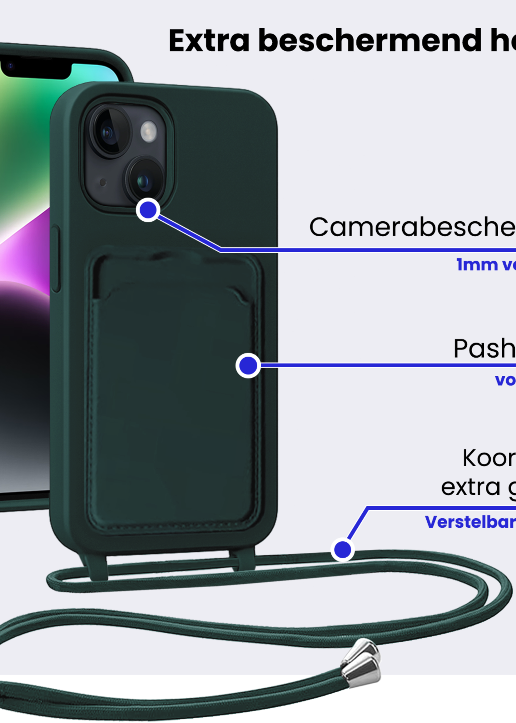 BTH BTH iPhone 14 Hoesje Pashouder met Koord Met 2x Screenprotector - Donkergroen