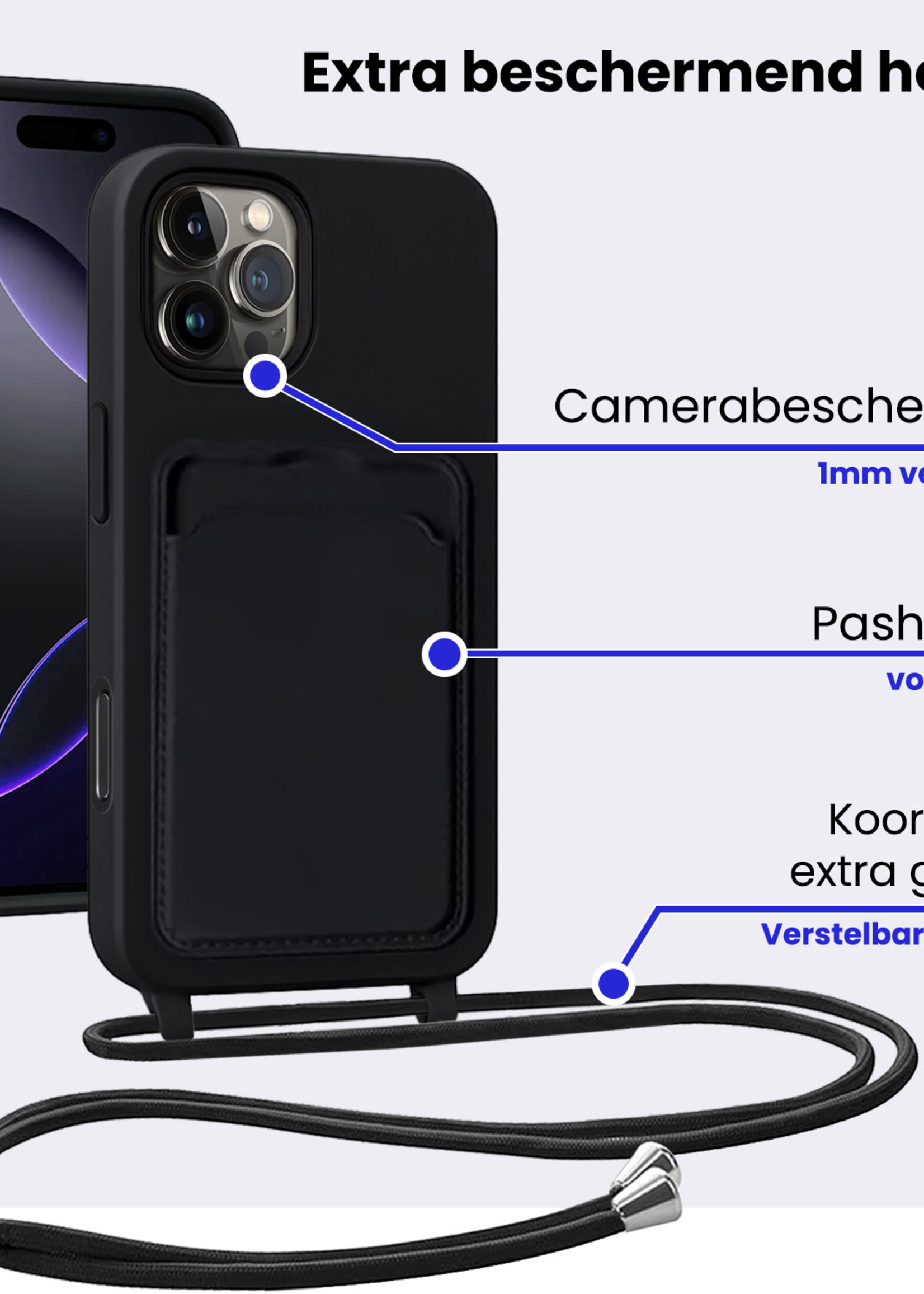 BTH BTH iPhone 16 Pro Max Hoesje Pashouder met Koord Met Screenprotector - Zwart