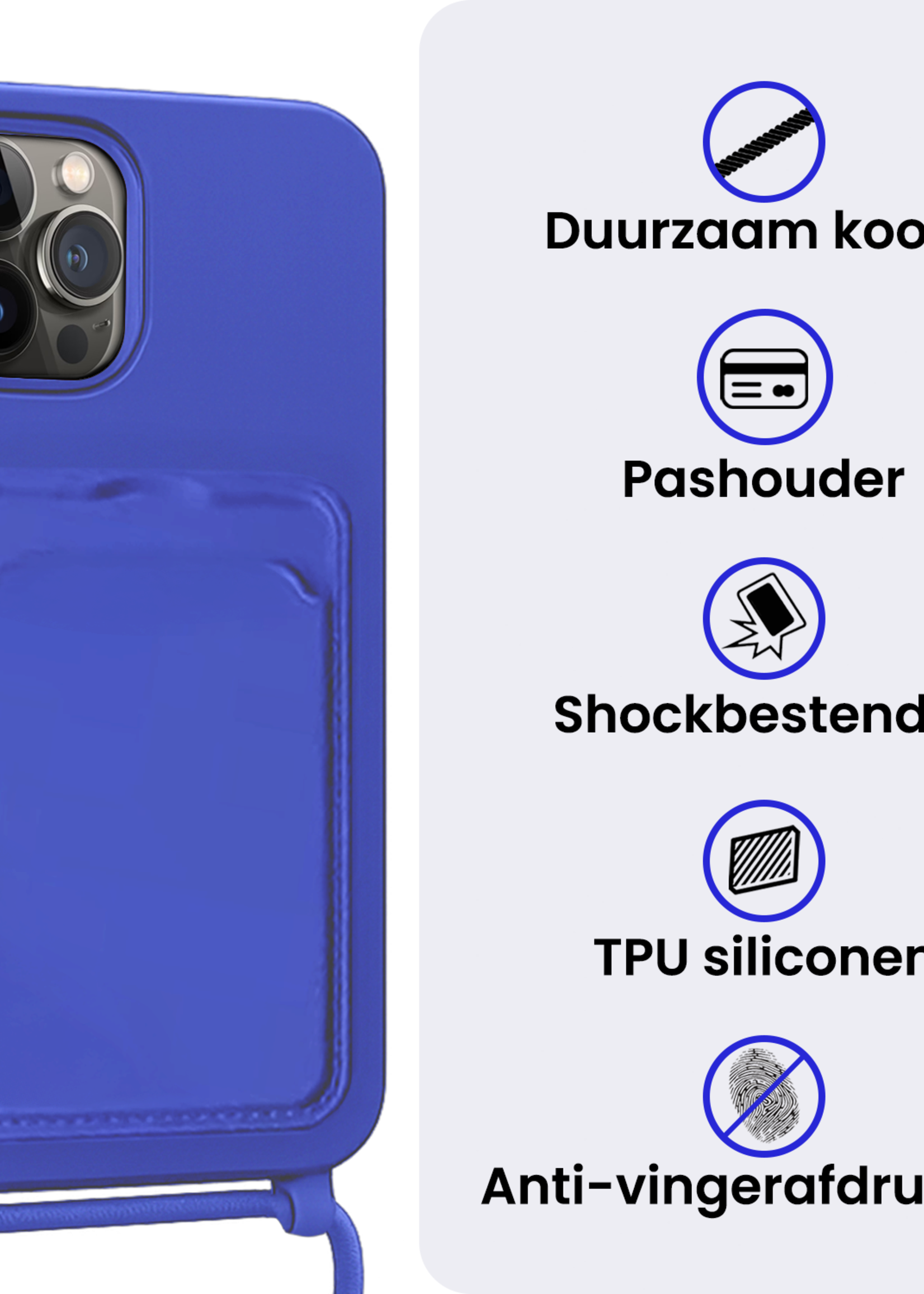 BTH BTH iPhone 16 Pro Max Hoesje Pashouder met Koord Met 2x Screenprotector - Fel Blauw
