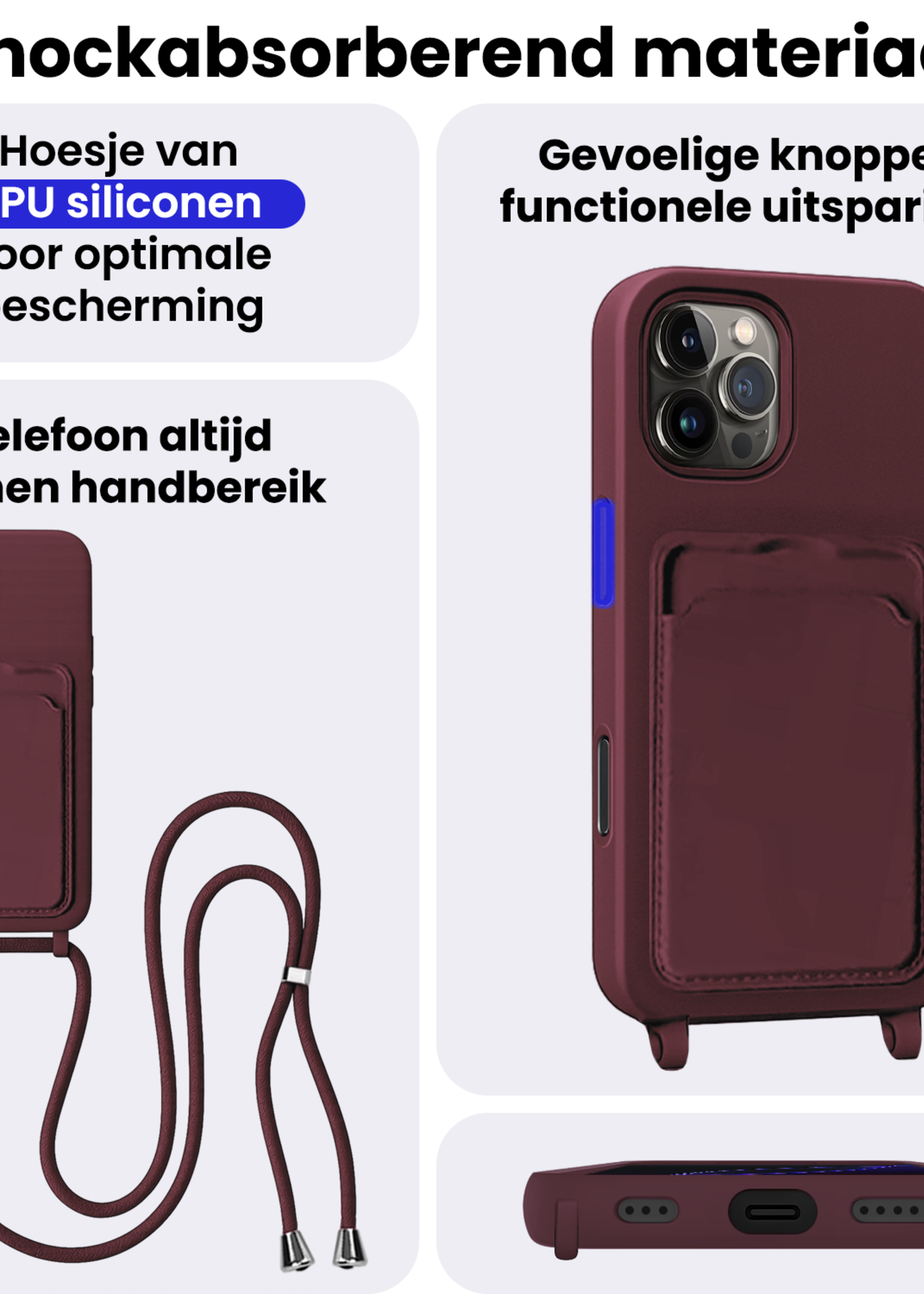 BTH BTH iPhone 16 Pro Hoesje Pashouder met Koord Met 2x Screenprotector - Aubergine