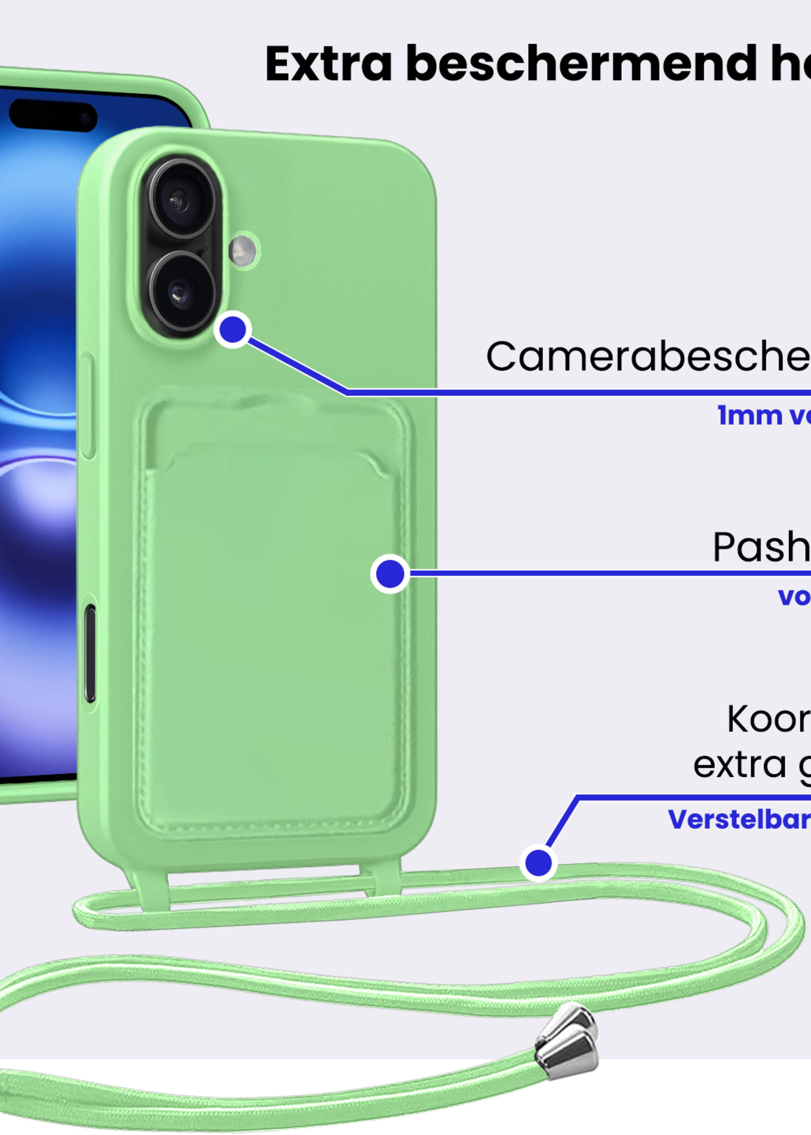 BTH BTH iPhone 16 Hoesje Pashouder met Koord Met Screenprotector - Groen