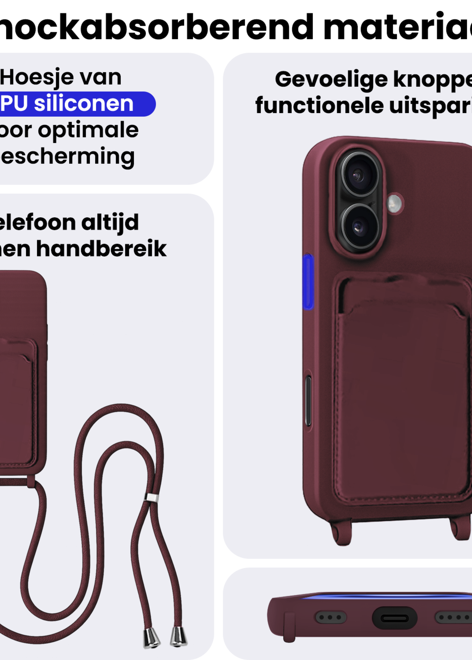 BTH BTH iPhone 16 Hoesje Pashouder met Koord - Aubergine