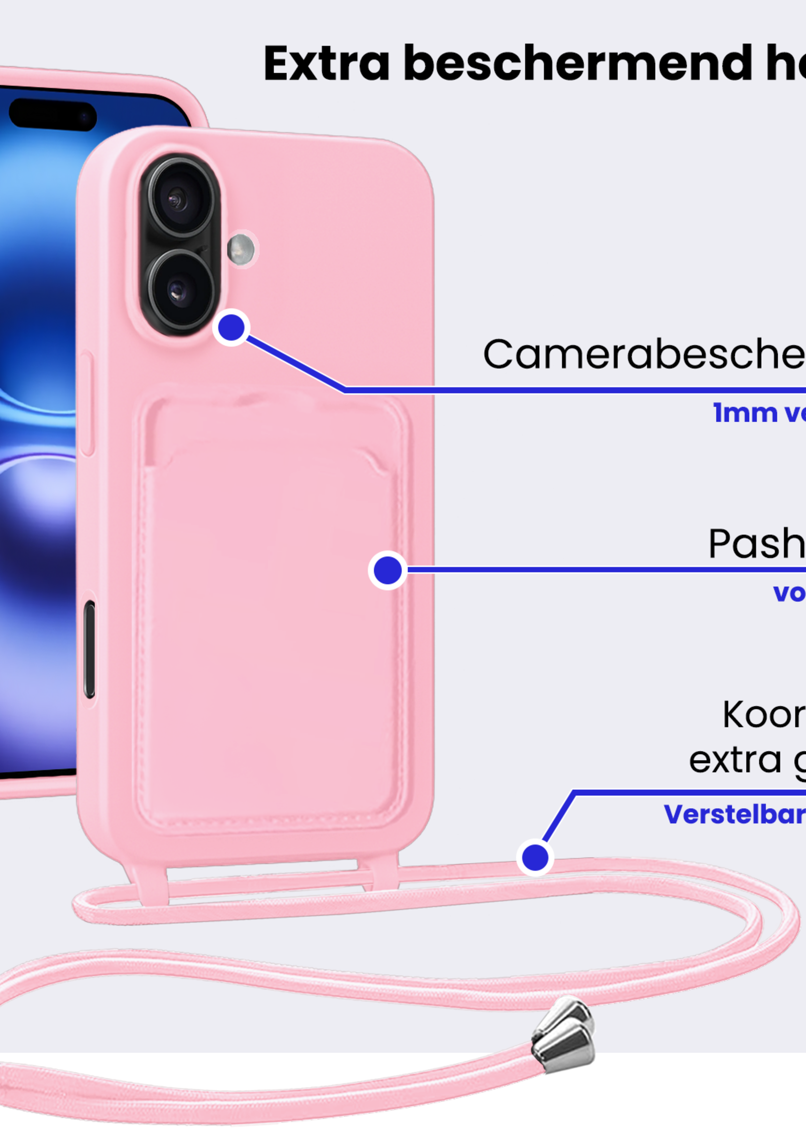 BTH BTH iPhone 16 Plus Hoesje Pashouder met Koord Met Screenprotector - Lichtroze
