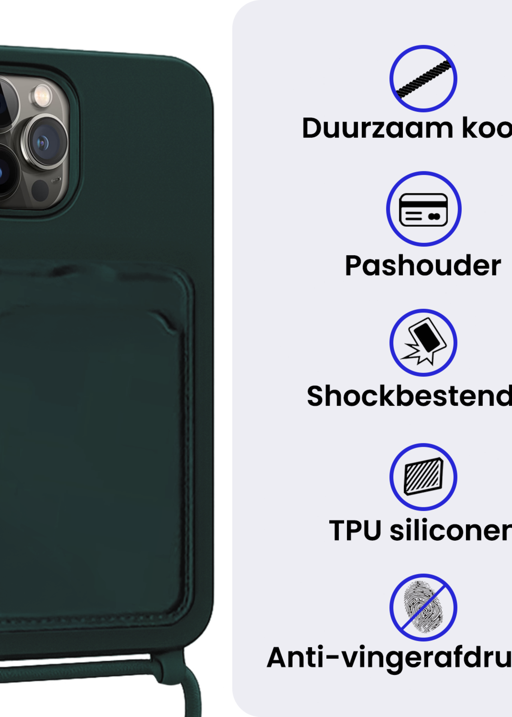 BTH BTH iPhone 15 Pro Max Hoesje Pashouder met Koord Met 2x Screenprotector - Donkergroen