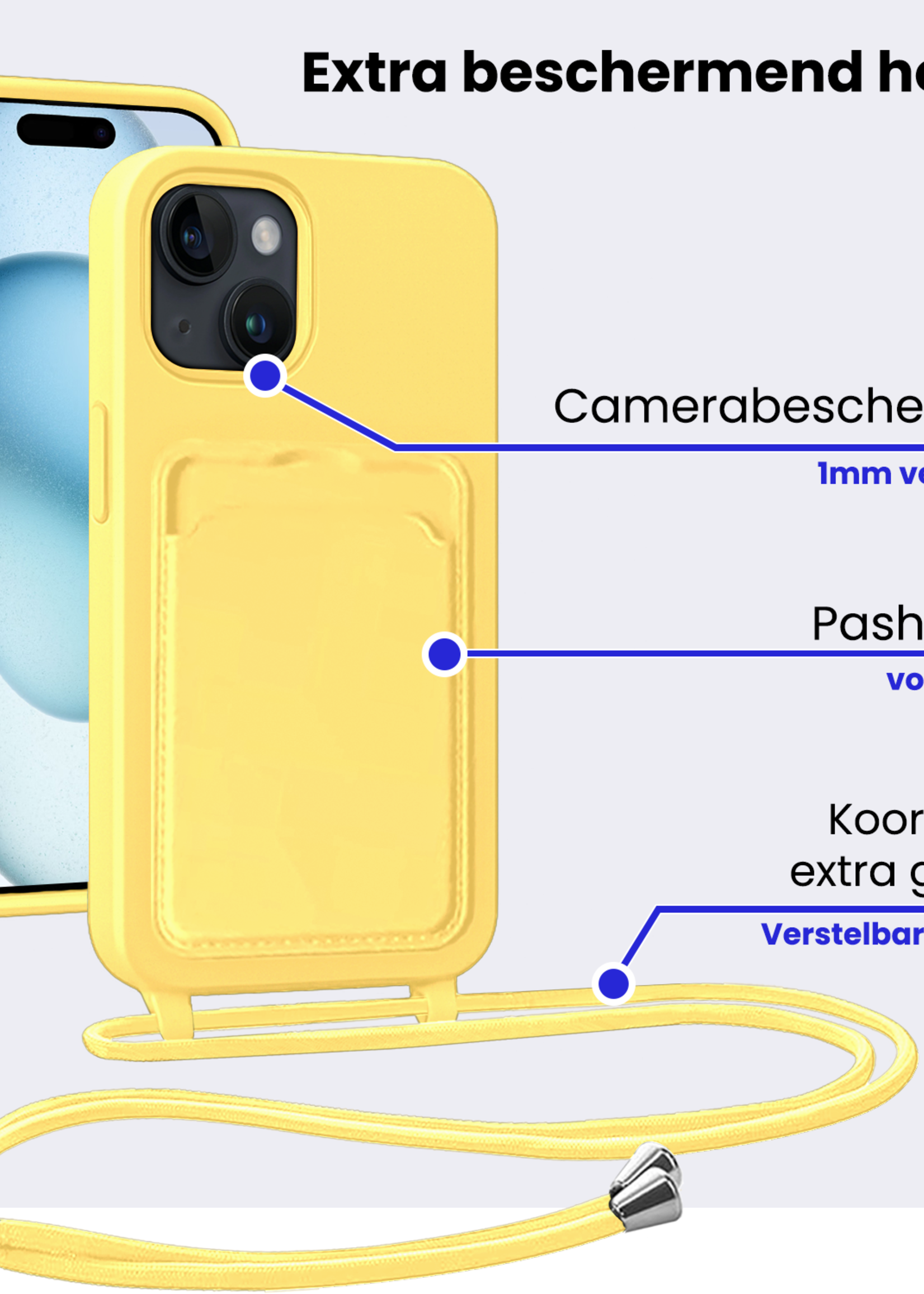 BTH BTH iPhone 15 Pro Hoesje Pashouder met Koord Met 2x Screenprotector - Geel