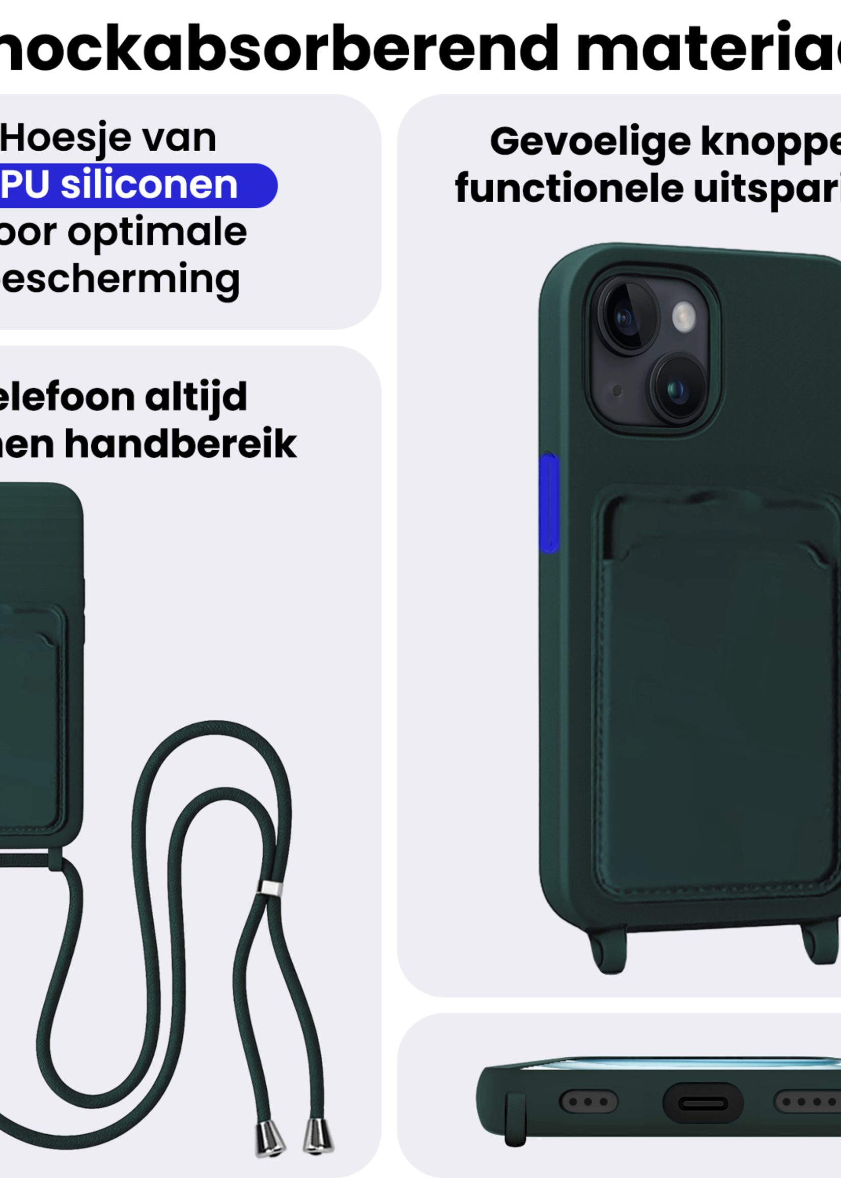BTH BTH iPhone 15 Hoesje Pashouder met Koord - Donkergroen - 2 PACK