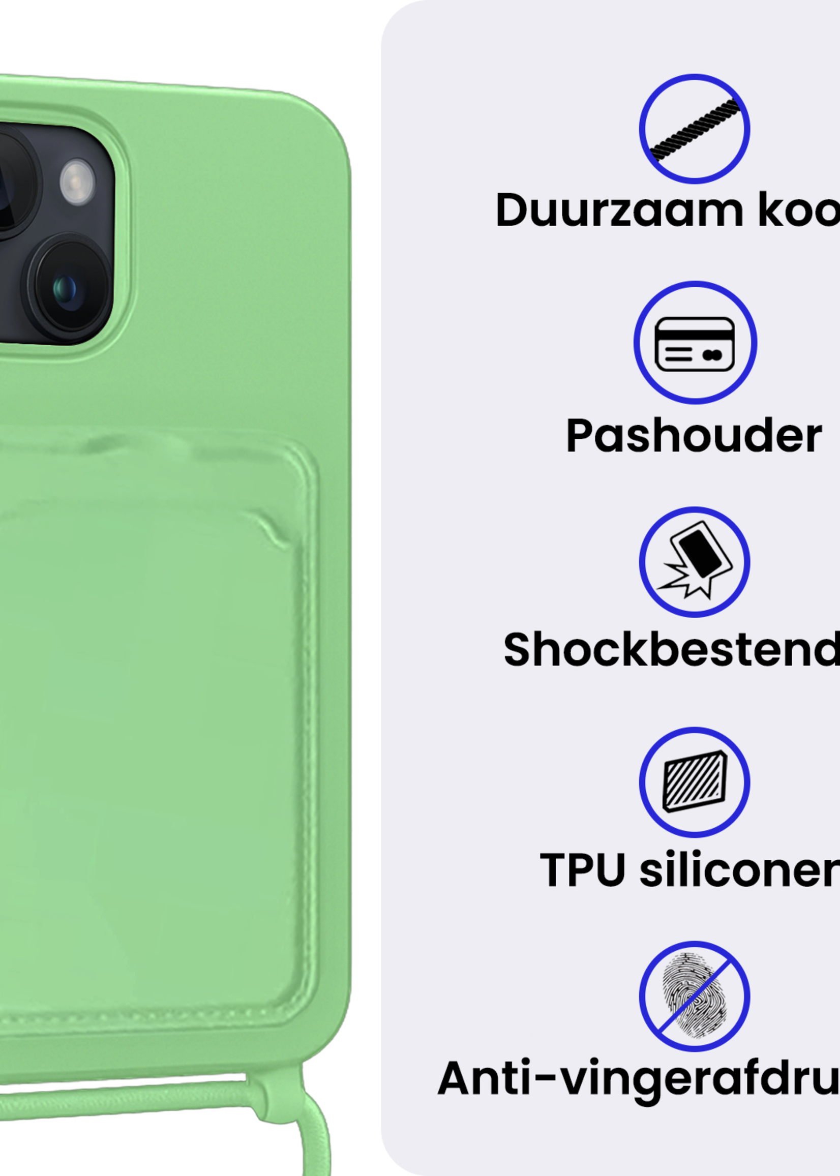BTH BTH iPhone 15 Plus Hoesje Pashouder met Koord Met 2x Screenprotector - Groen