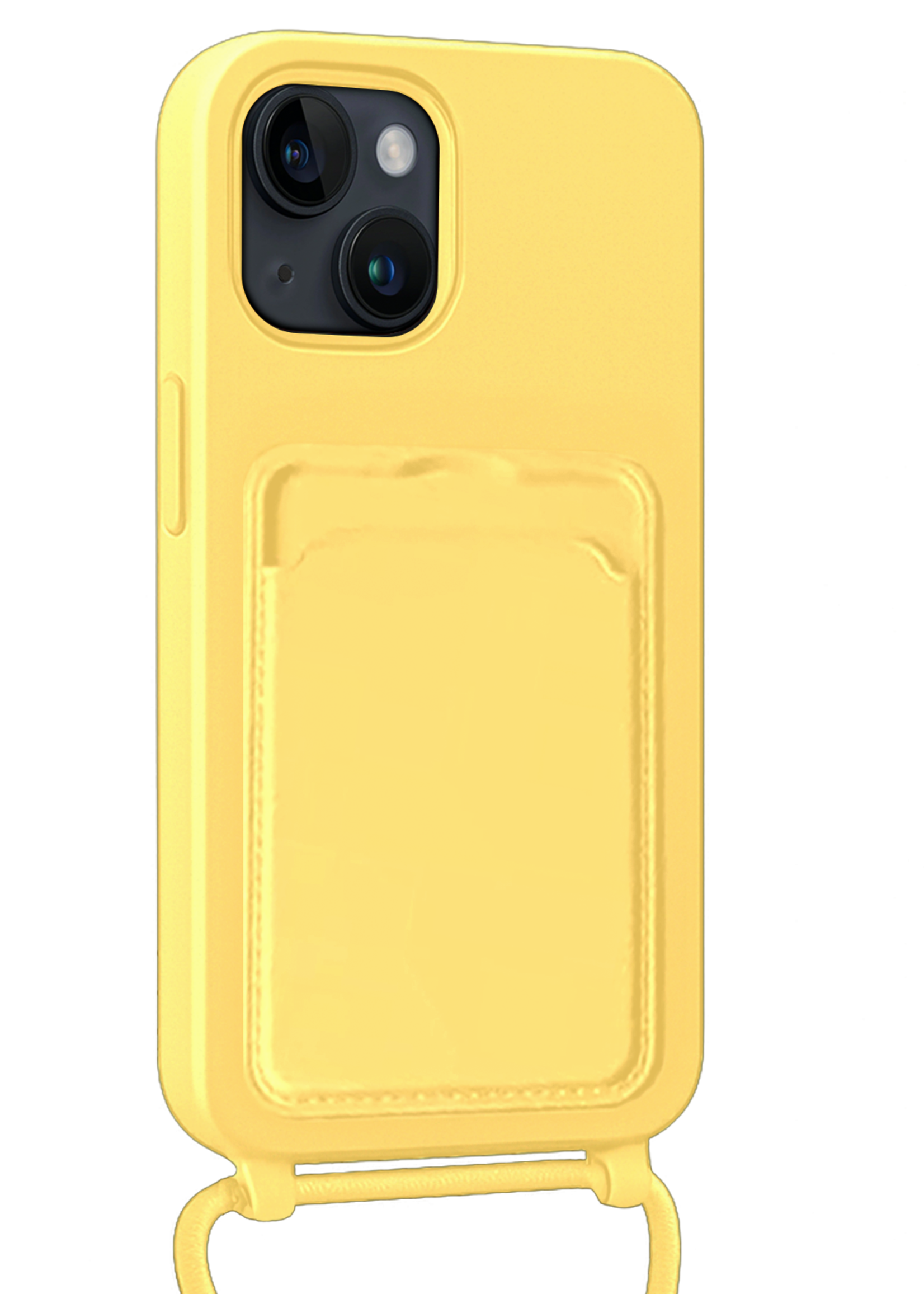 BTH BTH iPhone 15 Plus Hoesje Pashouder met Koord Met Screenprotector - Geel