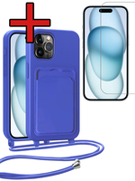 BTH BTH iPhone 14 Pro Max Hoesje Pashouder met Koord Met Screenprotector - Fel Blauw