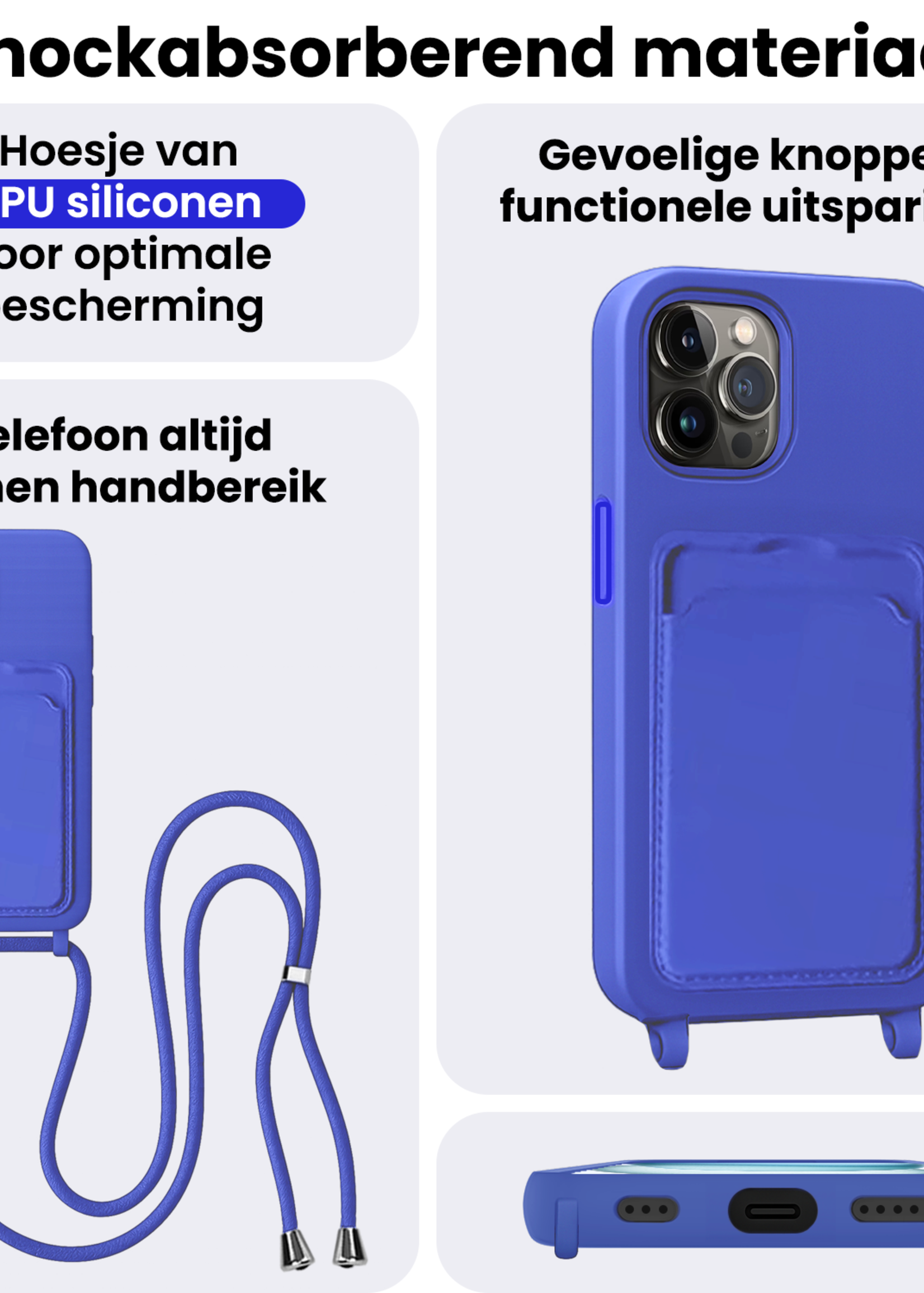 BTH BTH iPhone 14 Pro Max Hoesje Pashouder met Koord Met Screenprotector - Fel Blauw