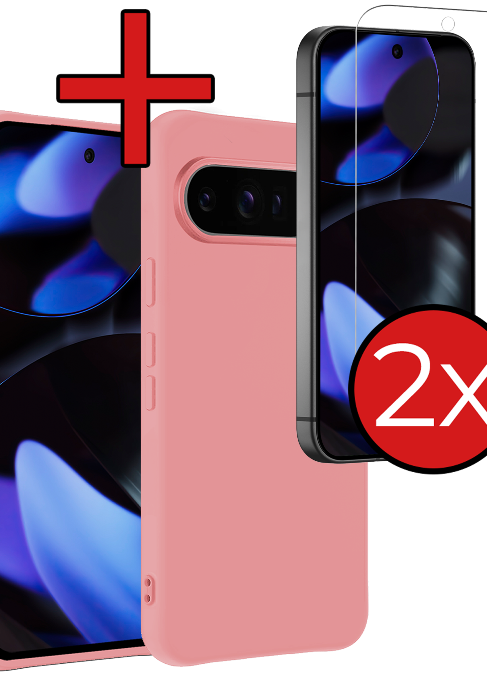 BTH BTH Google Pixel 10 Pro Hoesje Siliconen Met 2x Screenprotector - Lichtroze