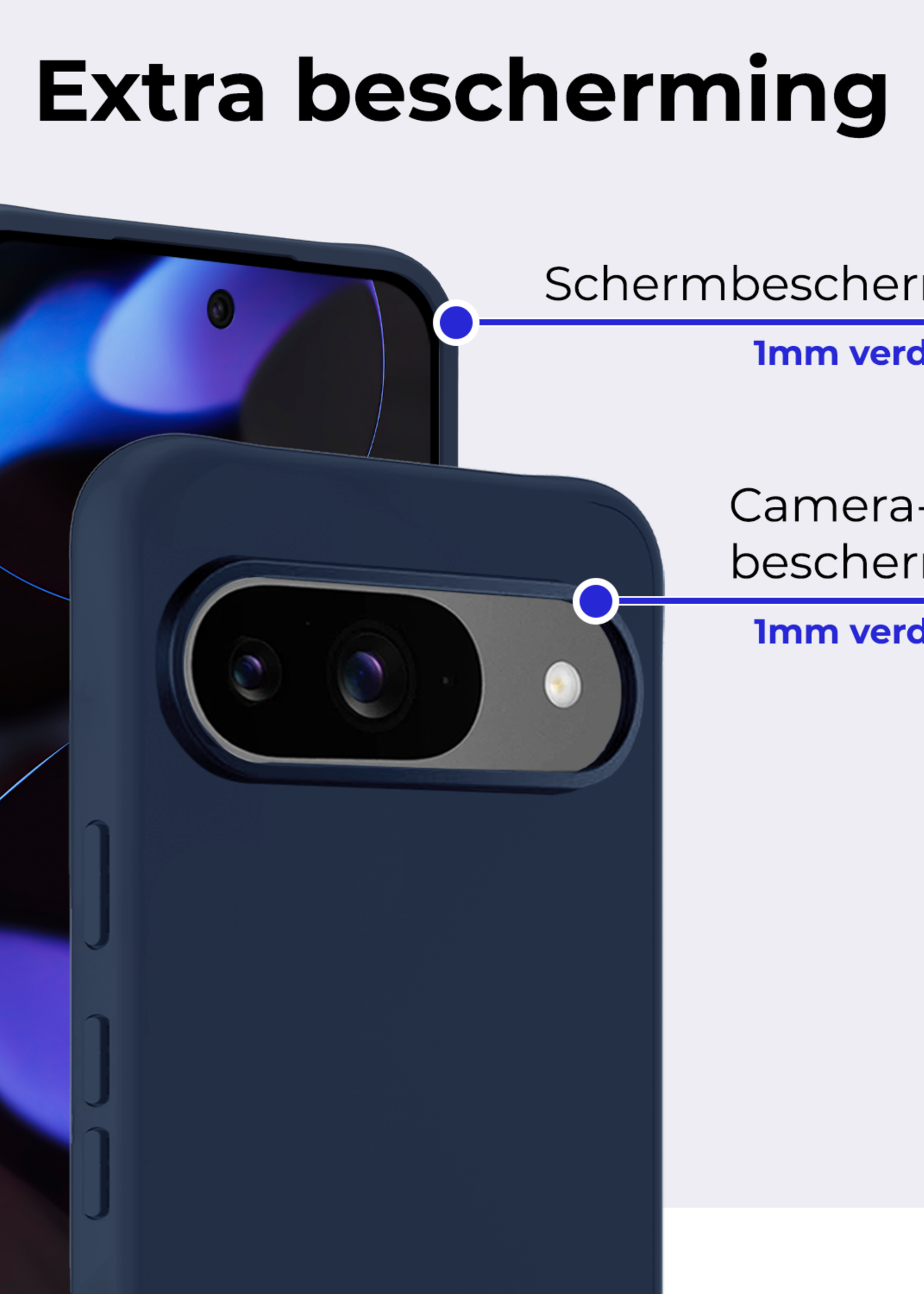 BTH BTH Google Pixel 10 Hoesje Siliconen Met 2x Screenprotector - Donkerblauw