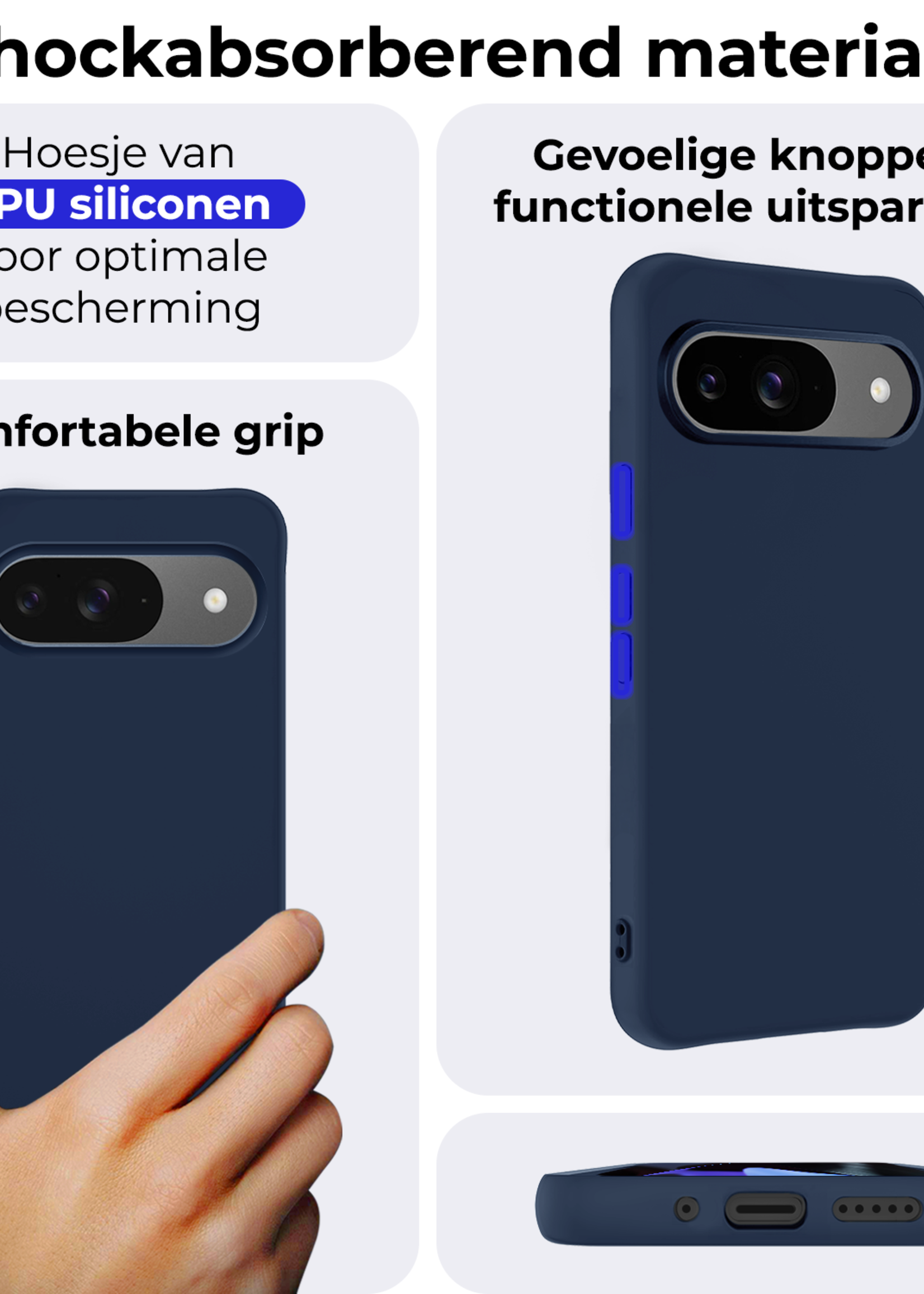 BTH BTH Google Pixel 10 Hoesje Siliconen Met 2x Screenprotector - Donkerblauw