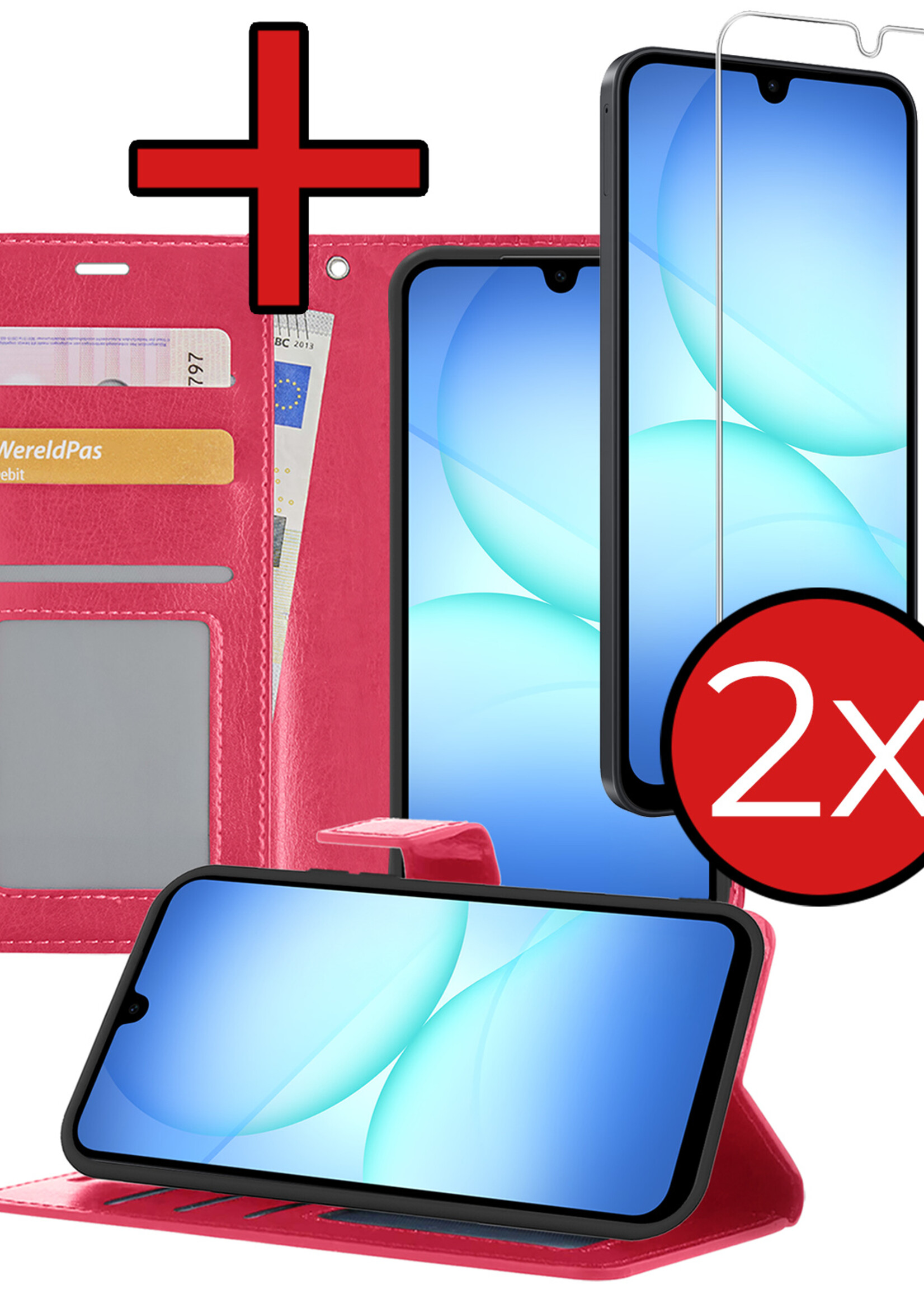 BTH BTH Samsung Galaxy A17 Hoesje Bookcase Met 2x Screenprotector - Donkerroze
