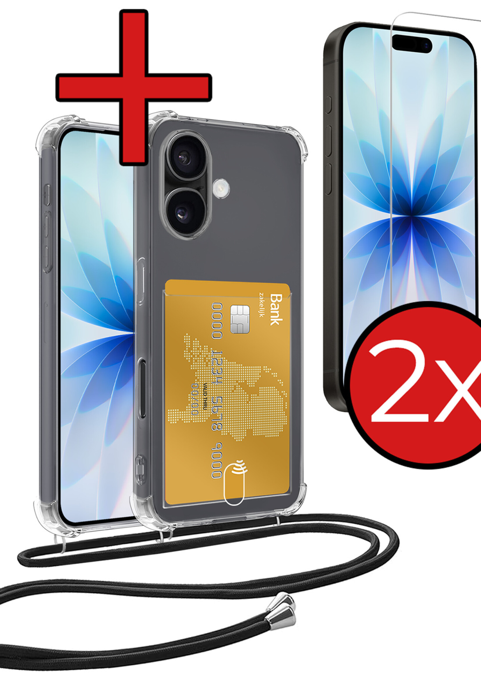 BTH BTH iPhone 17 Hoesje Pashouder met Koord Met 2x Screenprotector