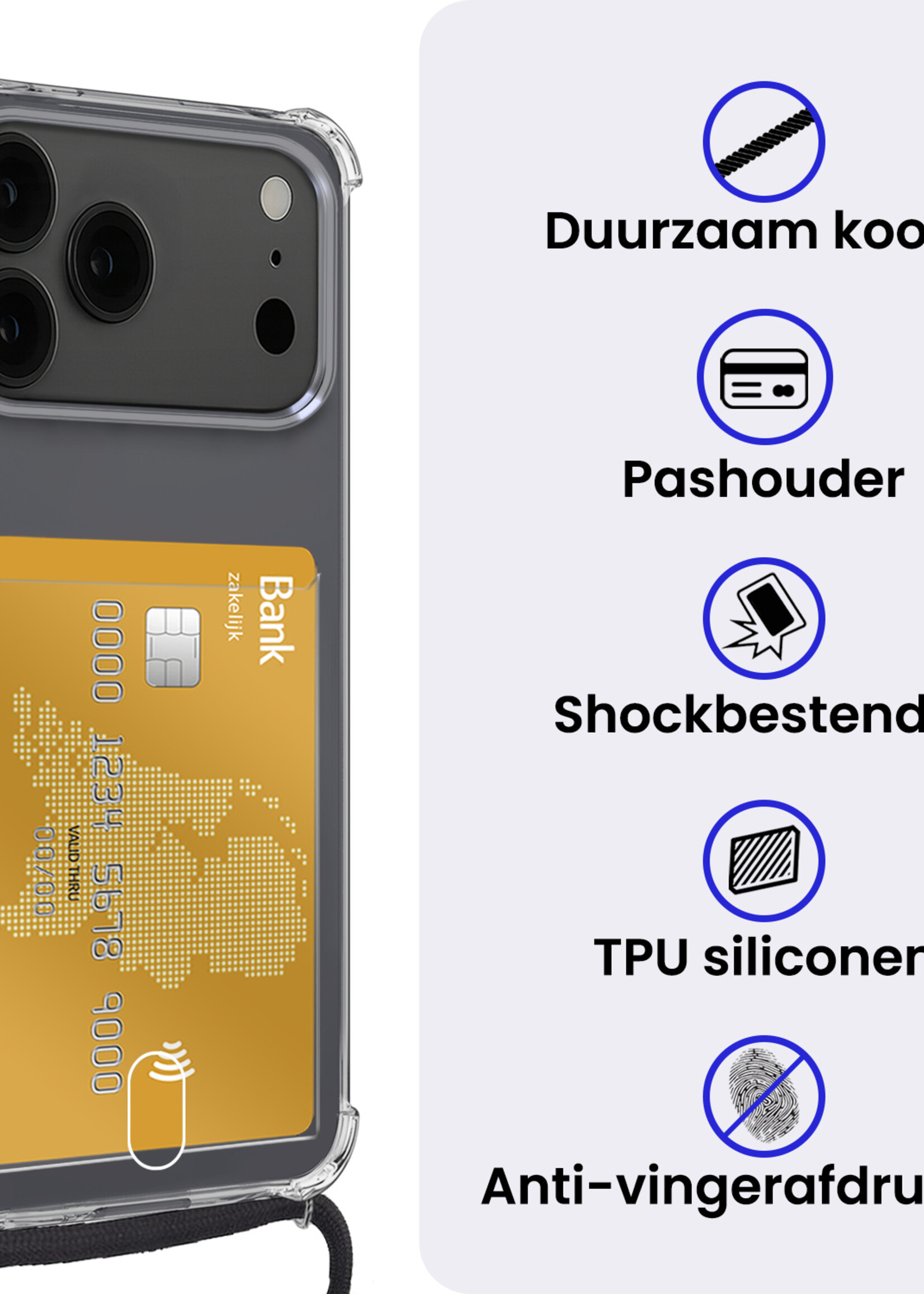 BTH BTH iPhone 17 Pro Hoesje Pashouder met Koord Met Screenprotector