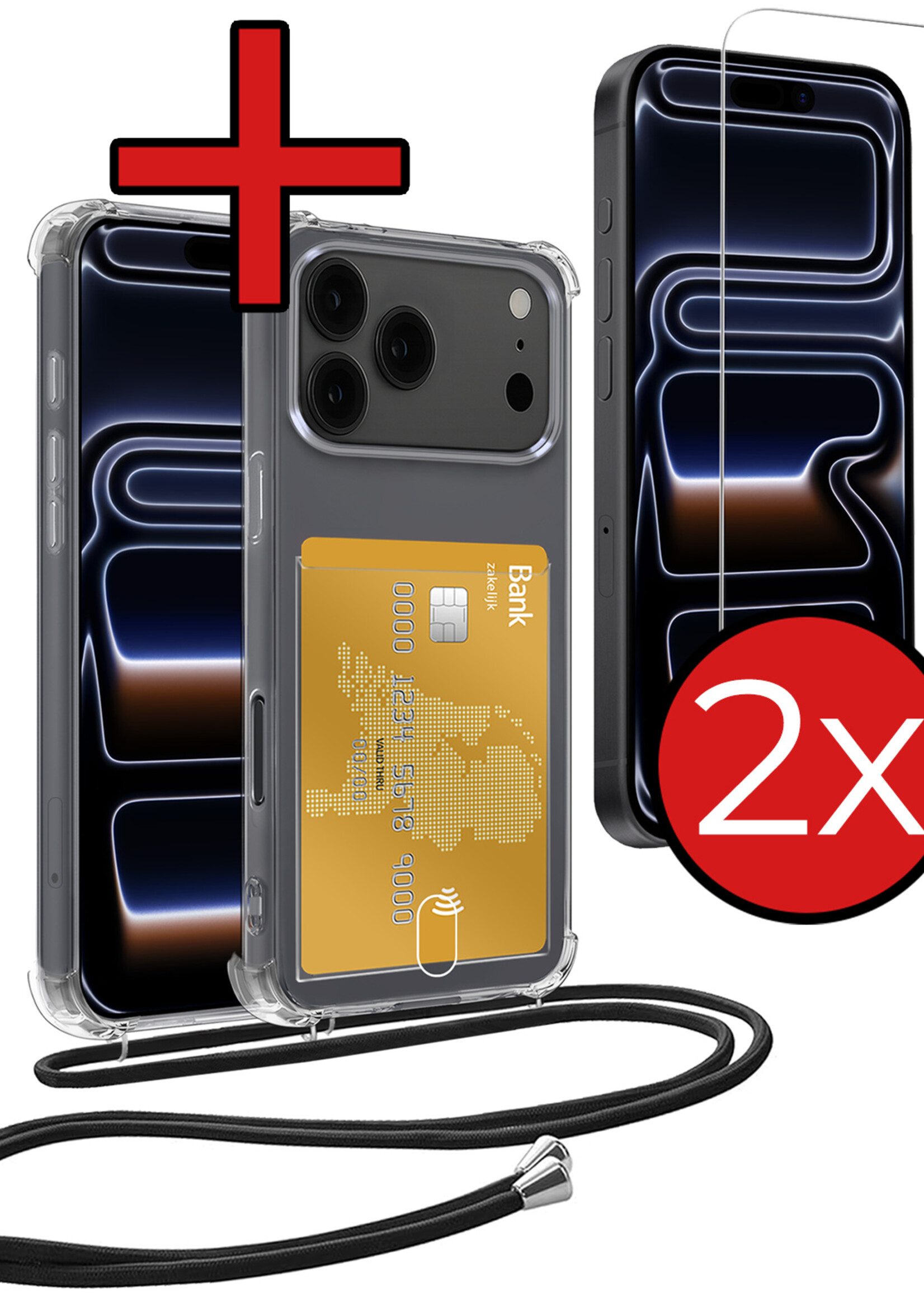 BTH BTH iPhone 17 Pro Hoesje Pashouder met Koord Met 2x Screenprotector