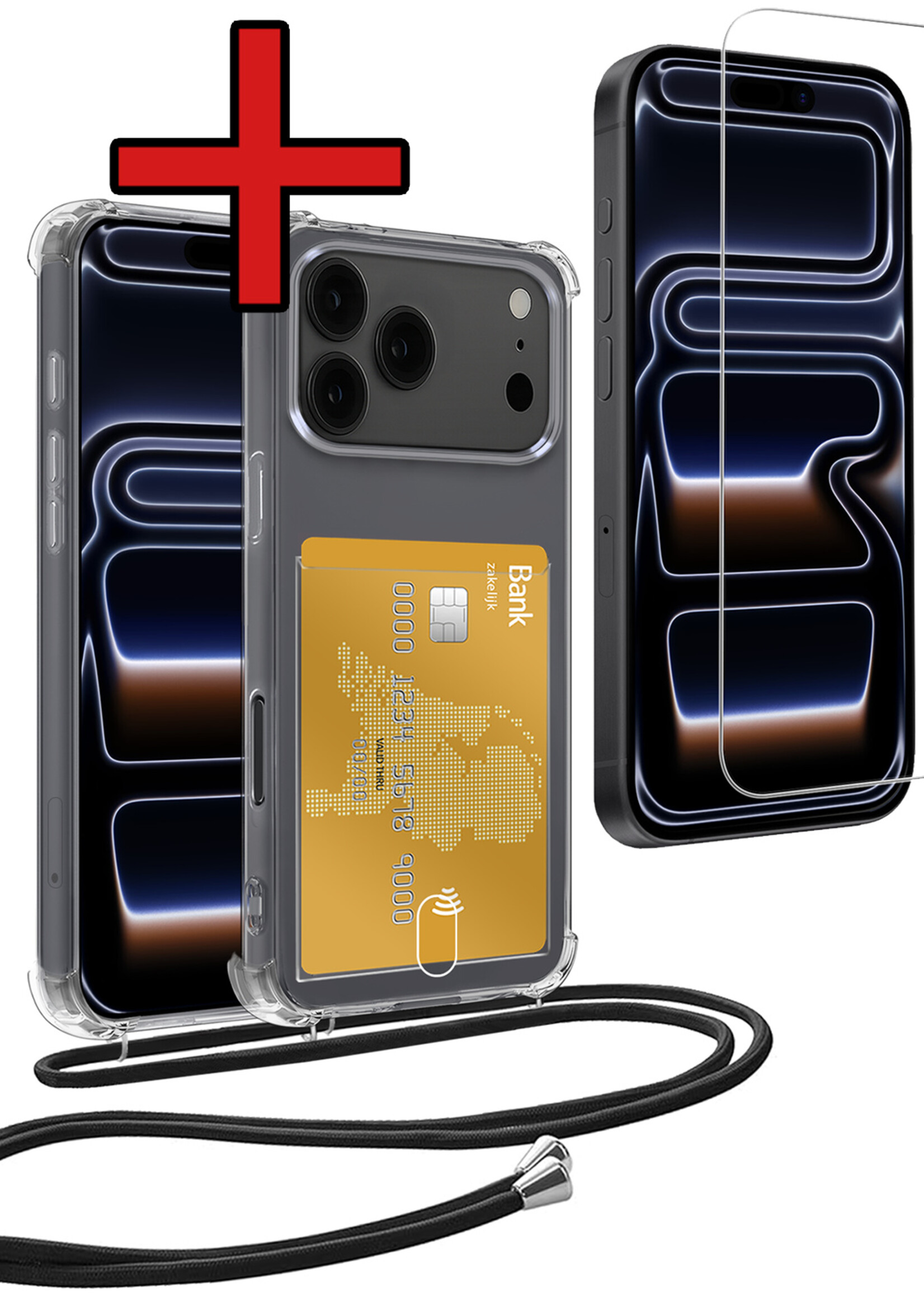 BTH BTH iPhone 17 Pro Max Hoesje Pashouder met Koord Met Screenprotector