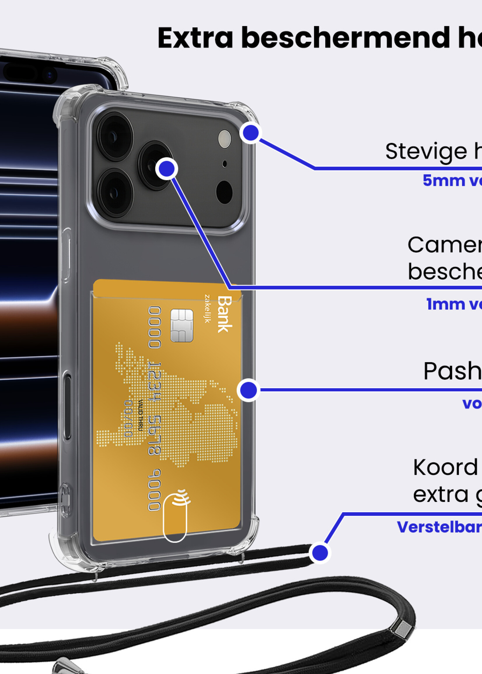 BTH BTH iPhone 17 Pro Max Hoesje Pashouder met Koord Met Screenprotector