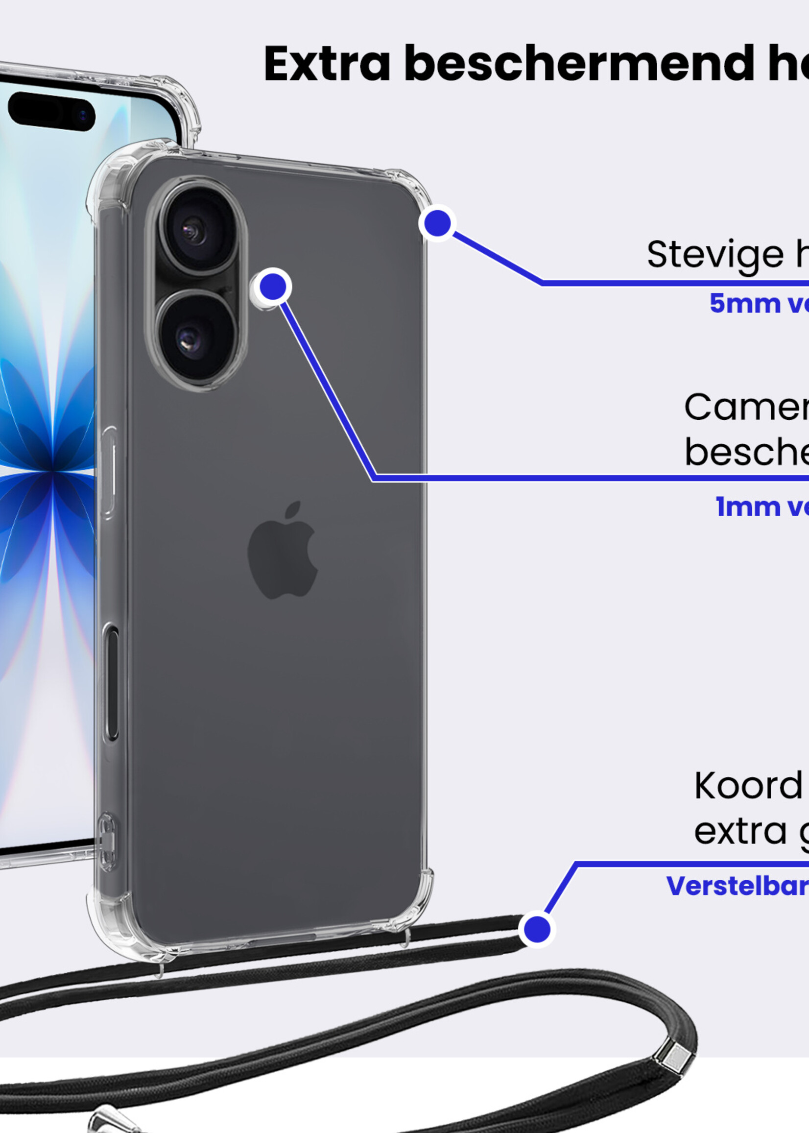 BTH BTH iPhone 17 Hoesje Transparant Shockproof Met Zwart Koord