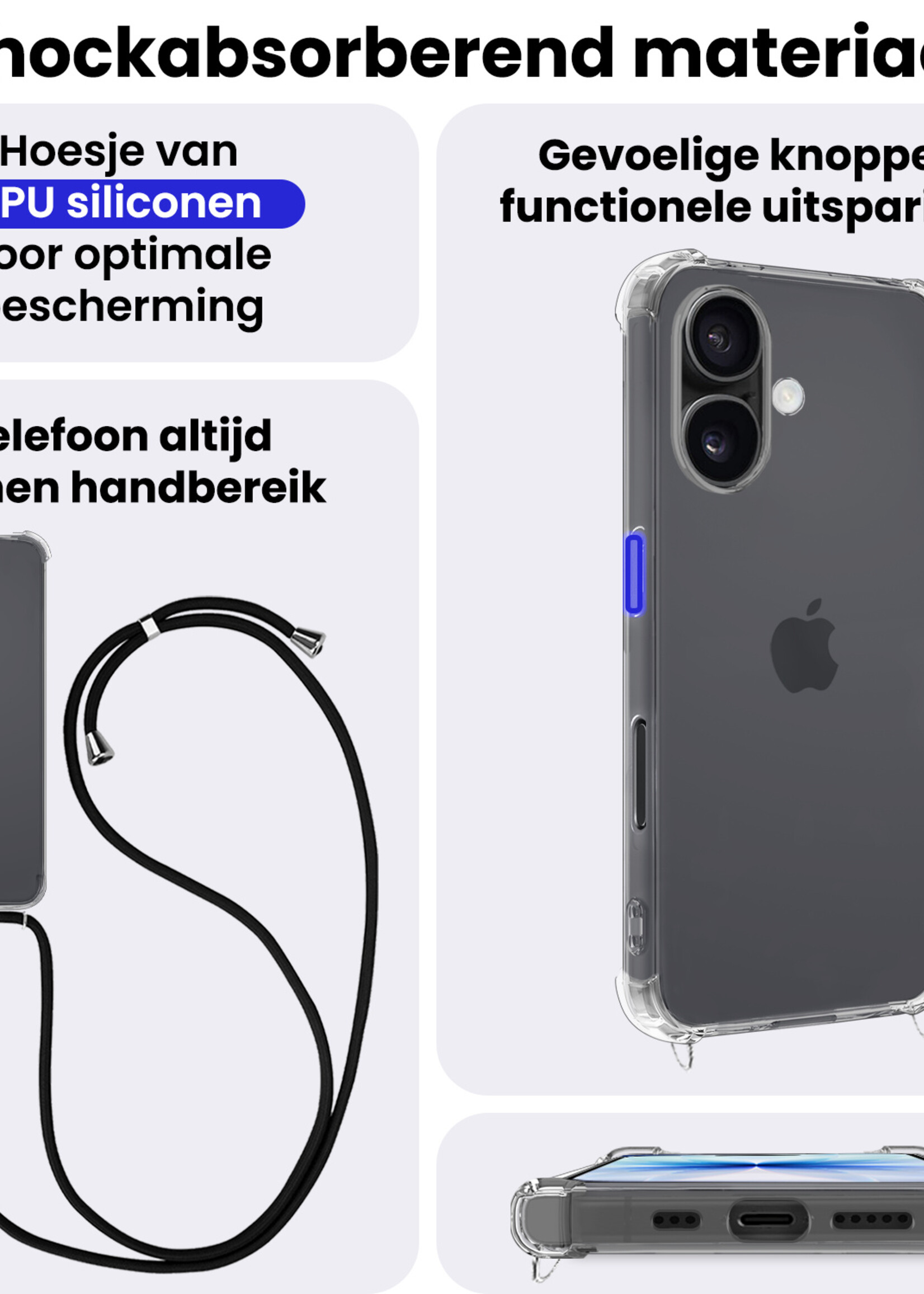 BTH BTH iPhone 17 Hoesje Transparant Shockproof Met Zwart Koord