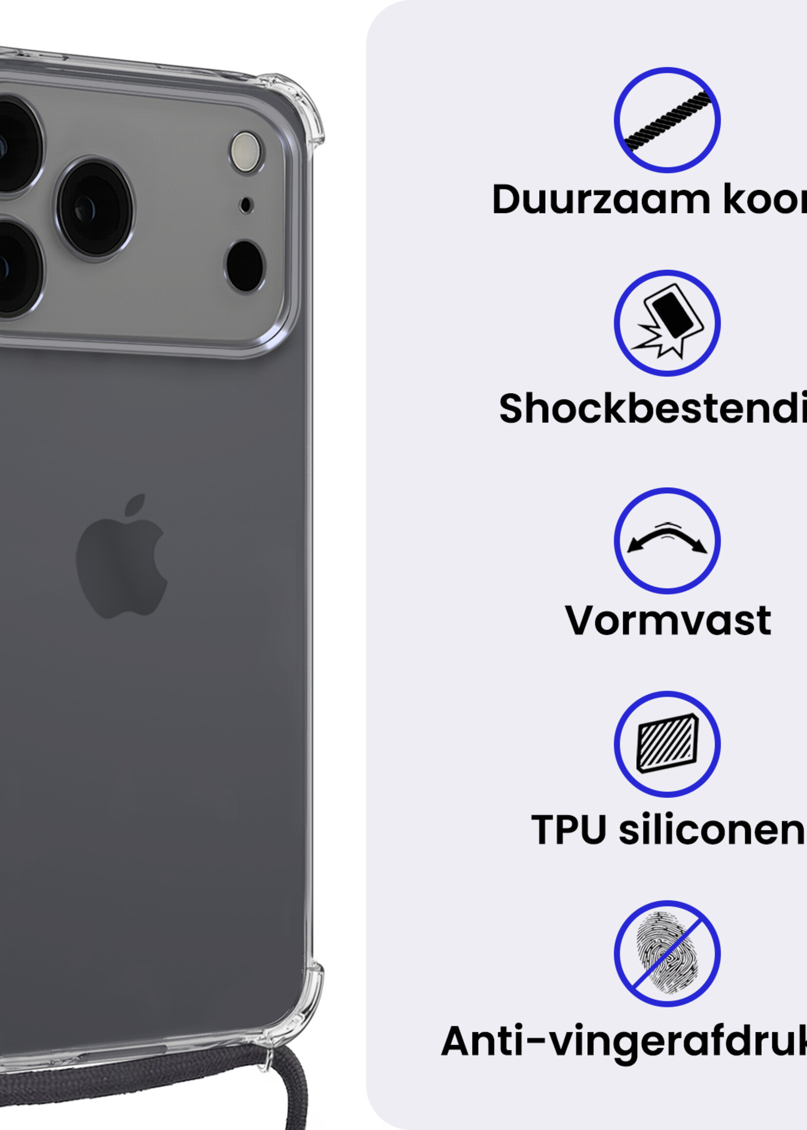 BTH BTH iPhone 17 Pro Hoesje Transparant Shockproof Met Zwart Koord