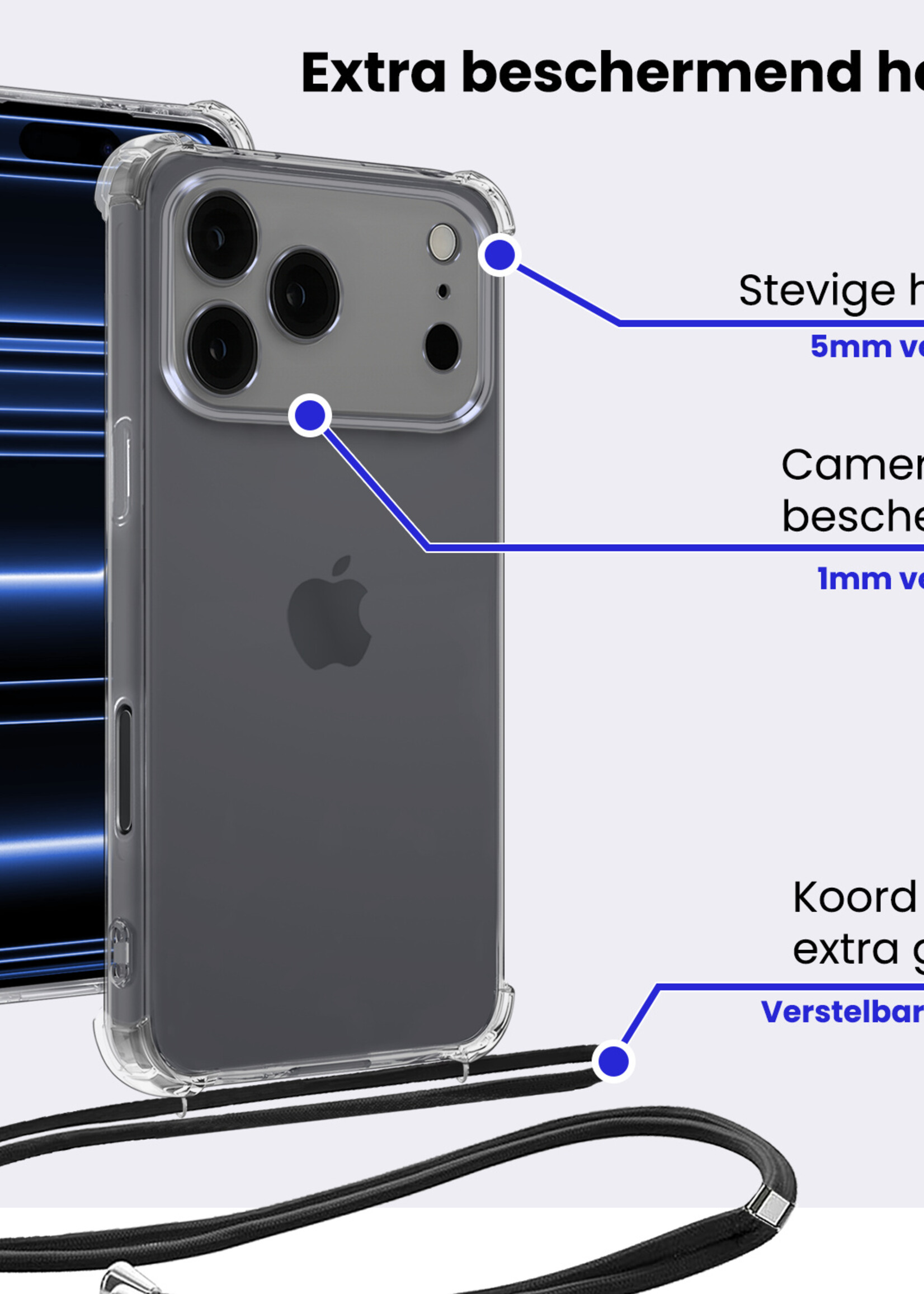 BTH BTH iPhone 17 Pro Hoesje Transparant Shockproof Met Zwart Koord