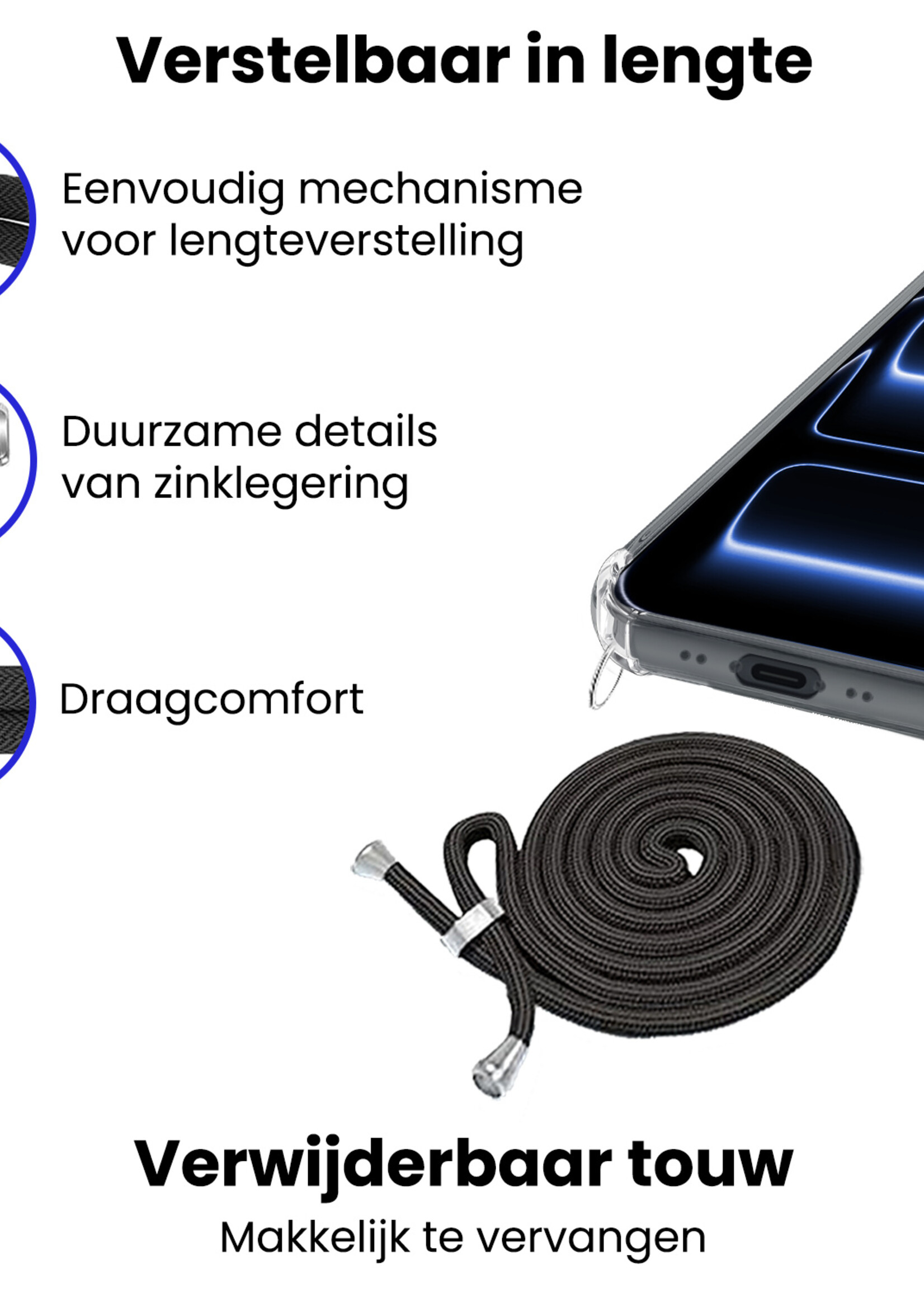 BTH BTH iPhone 17 Pro Hoesje Transparant Shockproof Met Zwart Koord