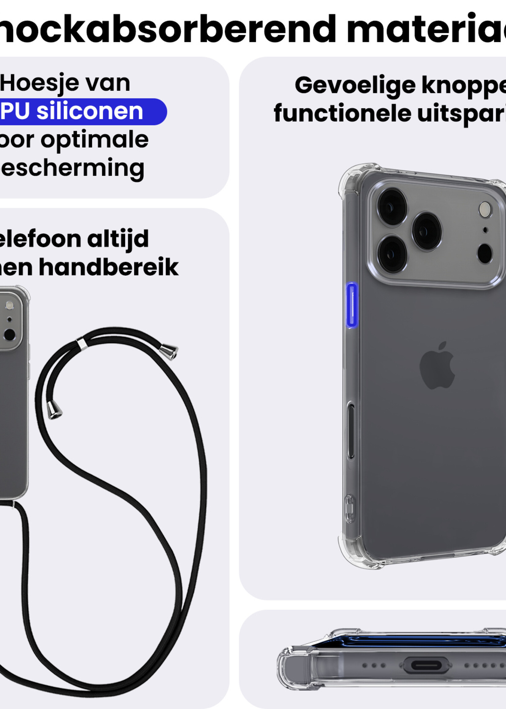 BTH BTH iPhone 17 Pro Hoesje Transparant Shockproof Met Zwart Koord