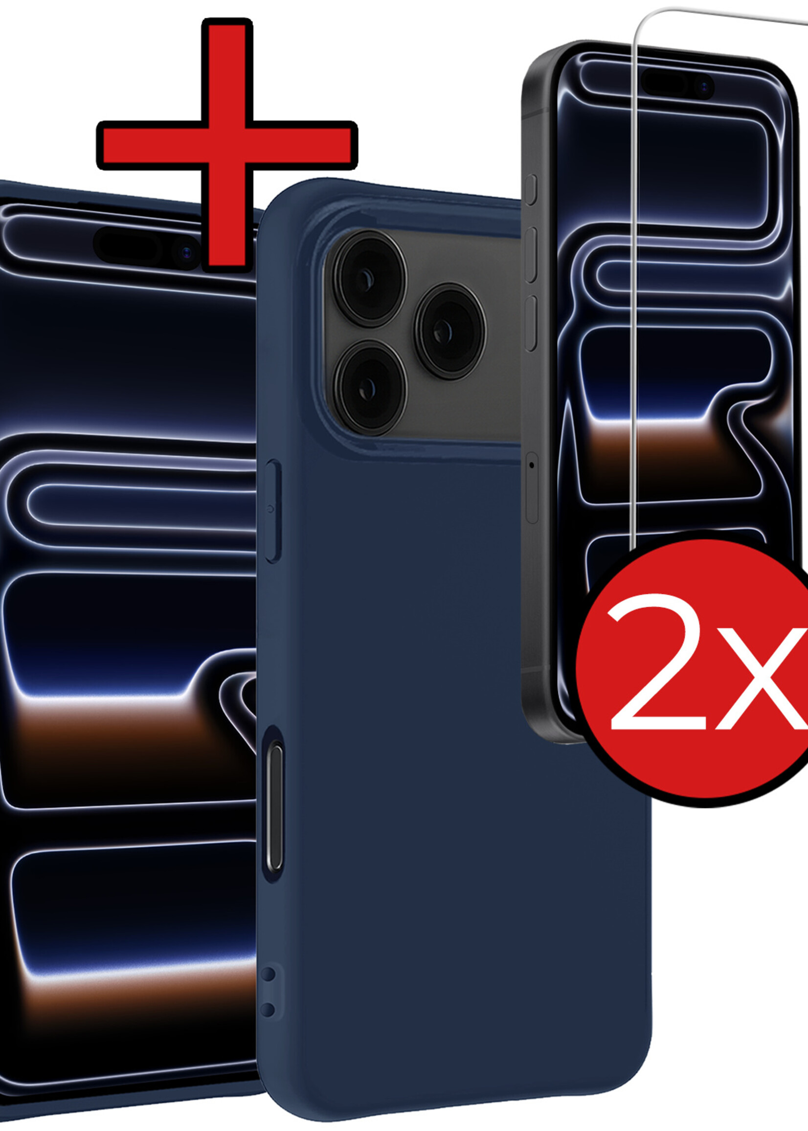 BTH BTH iPhone 17 Pro Hoesje Siliconen Met 2x Screenprotector Met Dichte Notch - Donkerblauw