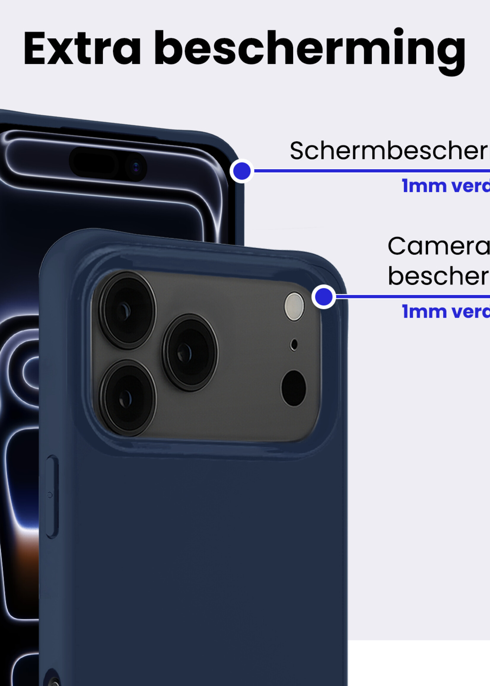BTH BTH iPhone 17 Pro Hoesje Siliconen Met 2x Screenprotector Met Dichte Notch - Donkerblauw