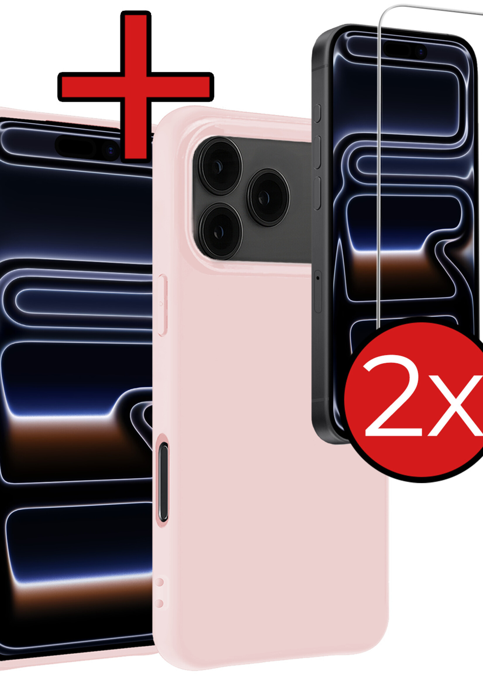 BTH BTH iPhone 17 Pro Hoesje Siliconen Met 2x Screenprotector Met Dichte Notch - Lichtroze