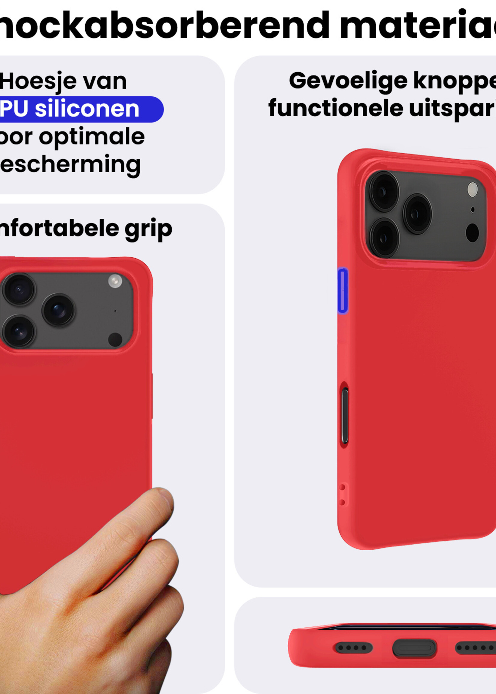 BTH BTH iPhone 17 Pro Hoesje Siliconen Met 2x Screenprotector Met Dichte Notch - Rood